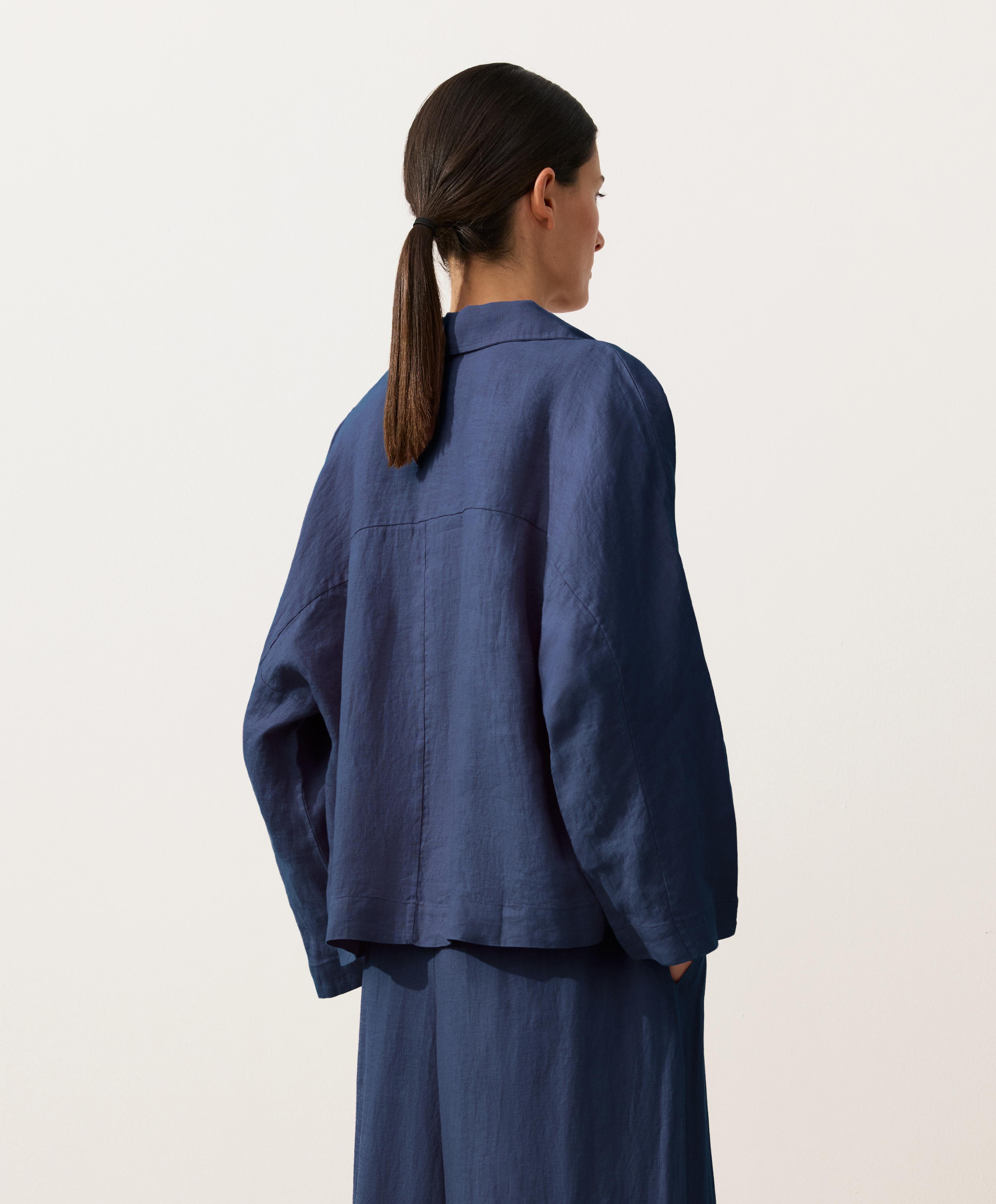 Oversize long-sleeve 100% linen polo shirt — NAVY