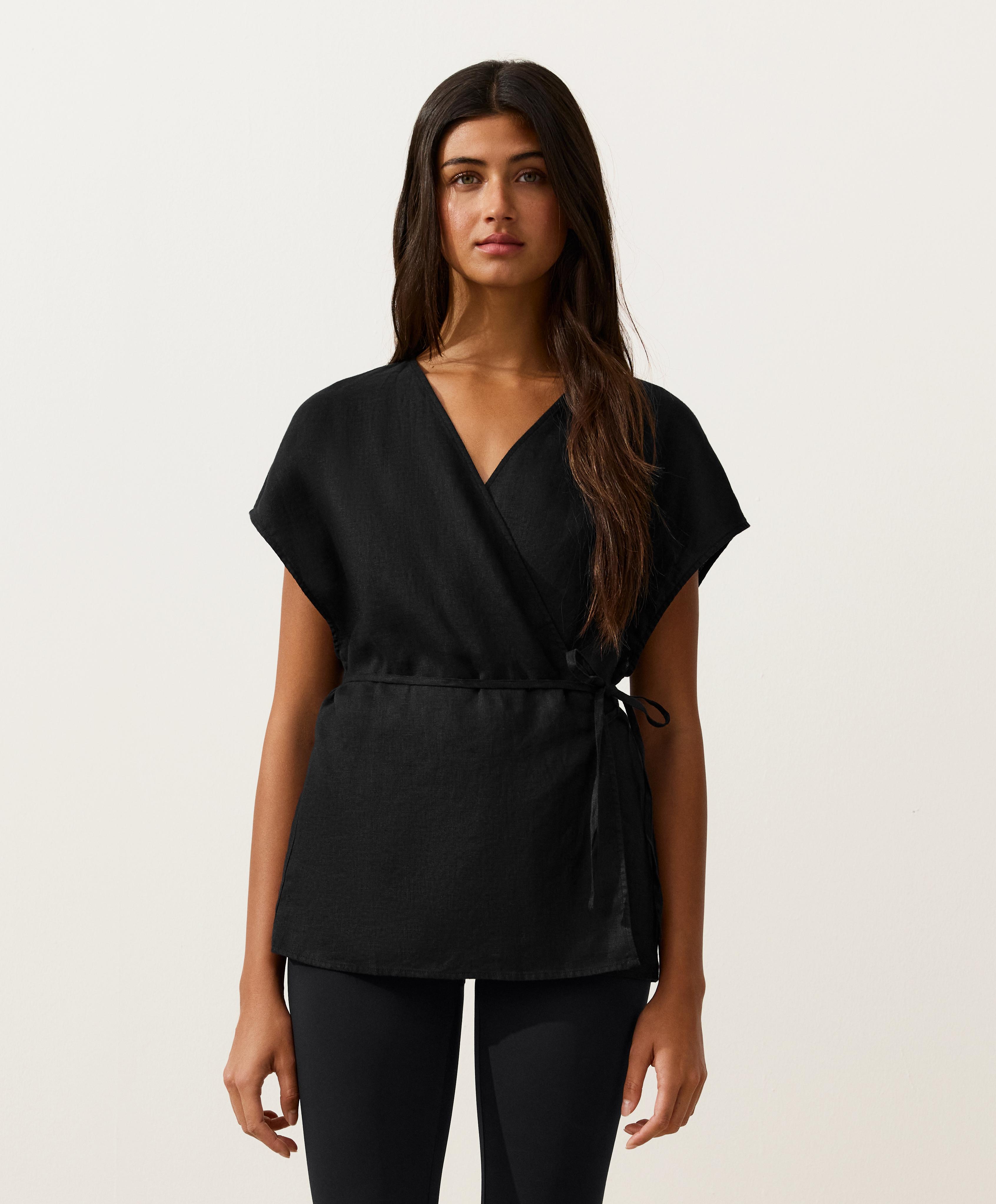 100% linen wrap shirt with tie — BLACK