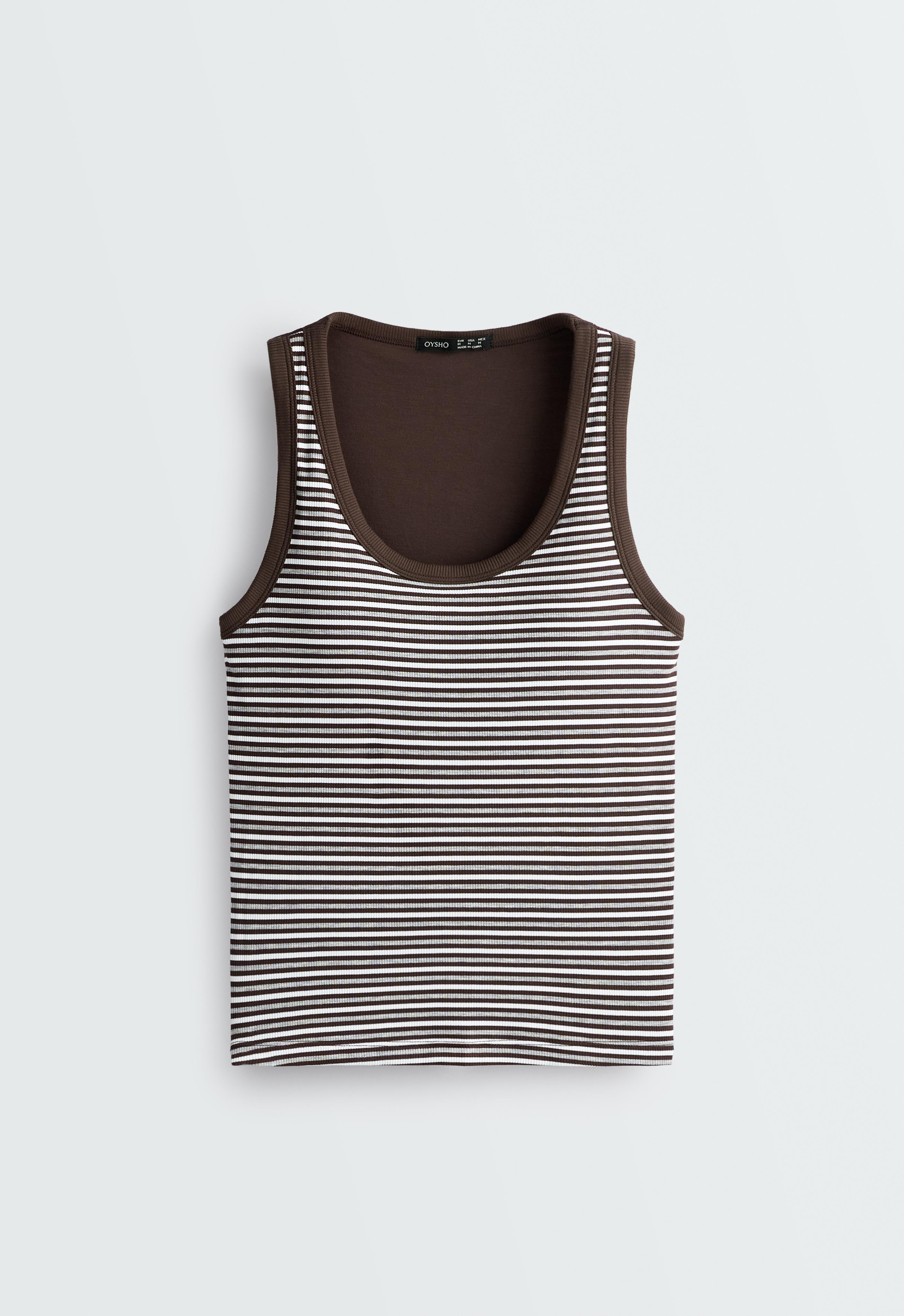 Front view of a brown and white horizontal striped tank top, sleeveless, with a crew neck and solid contrast trim.