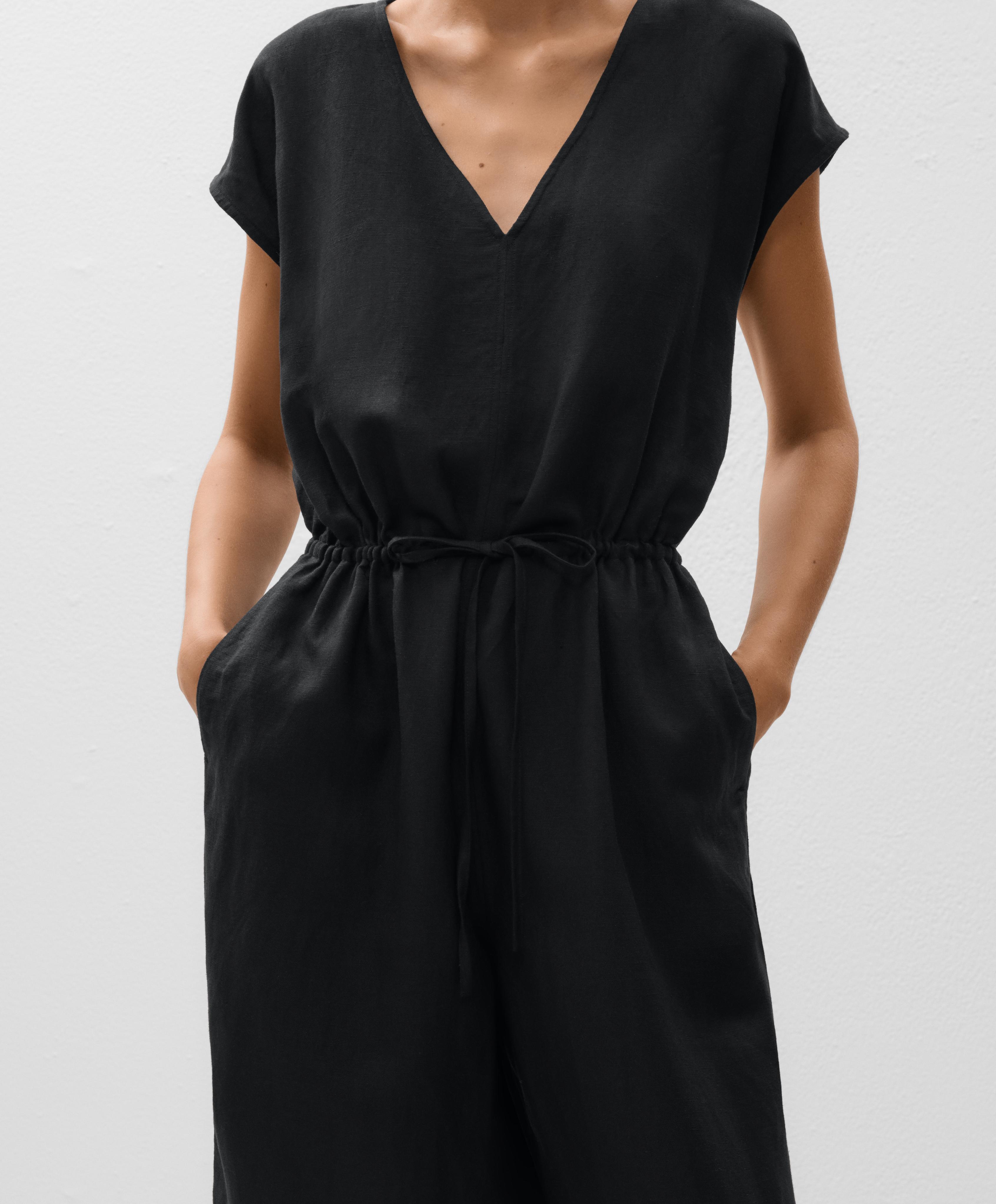 Linen blend long jumpsuit with gathered waist - Sale Linen blend long jumpsuit with gathered waist - Sale