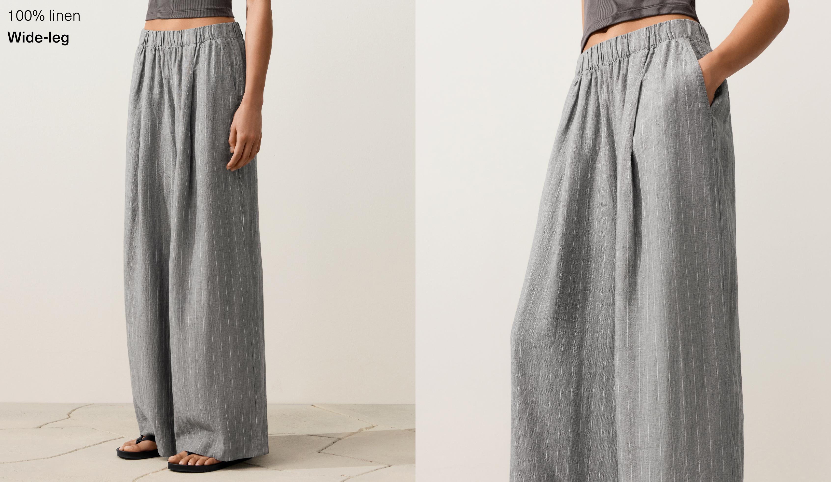 100% linen wide-leg striped trousers — MID GREY
