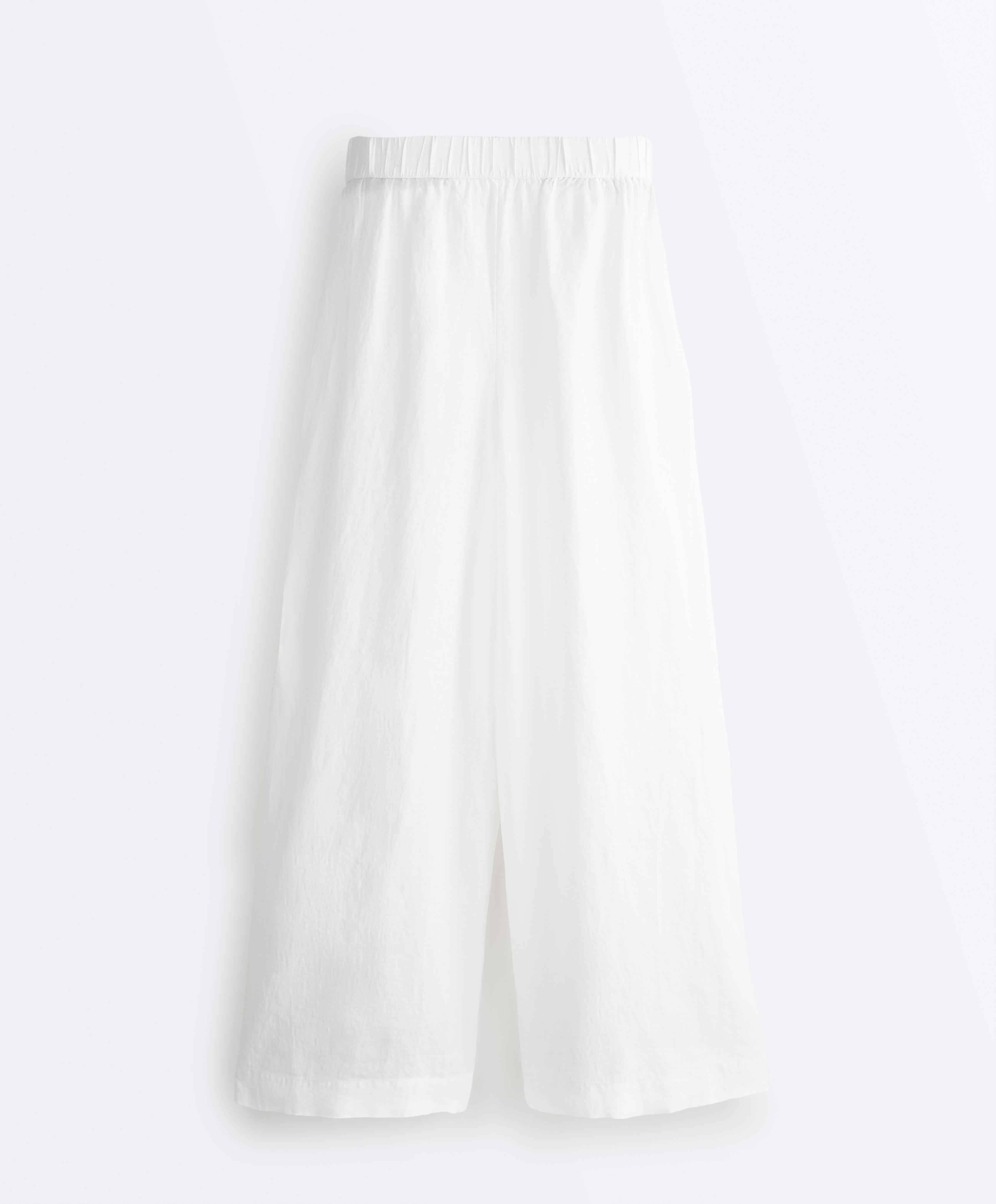 100% linen wide-leg trousers — WHITE 