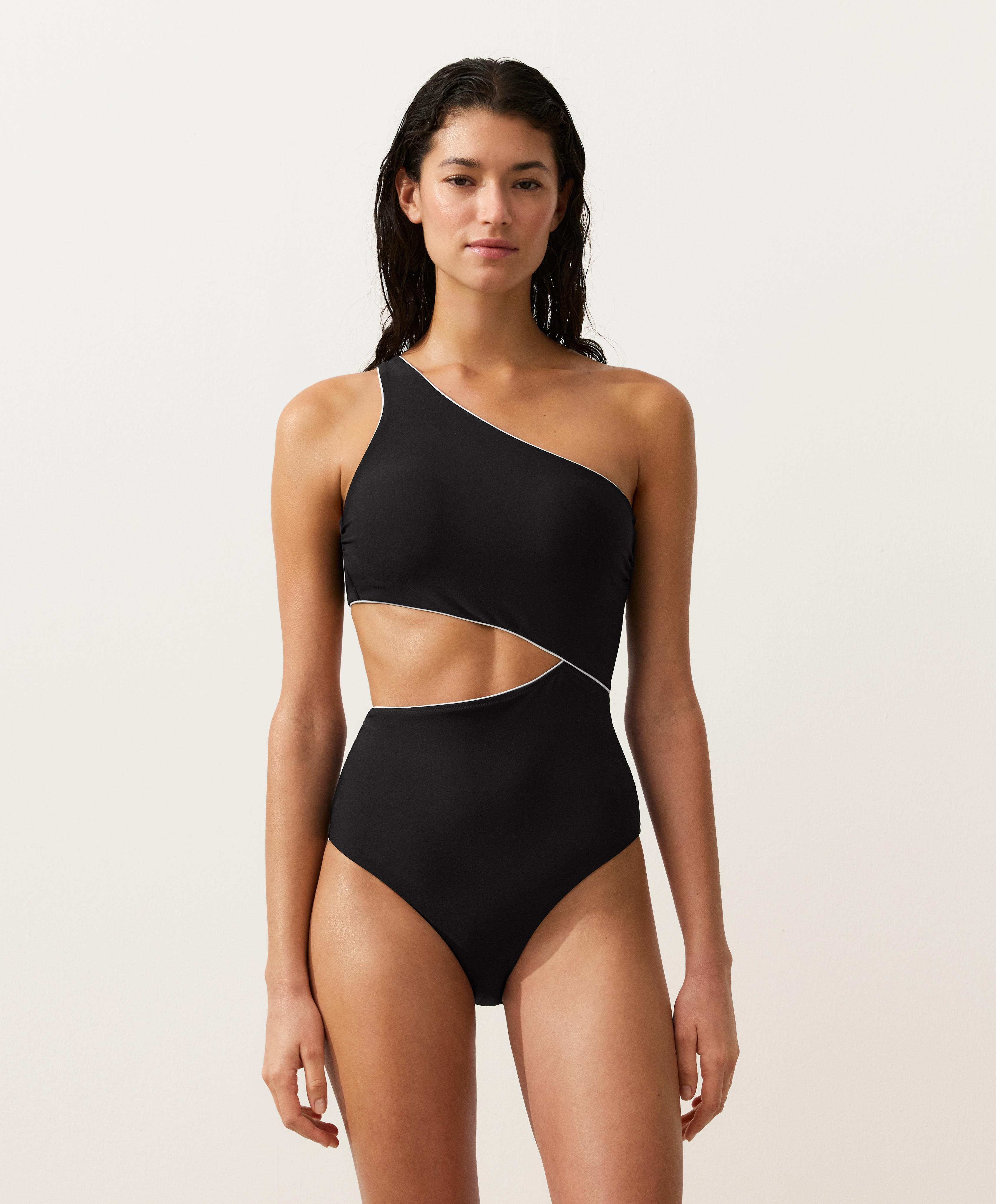 Asymmetric piping bow trikini — BLACK