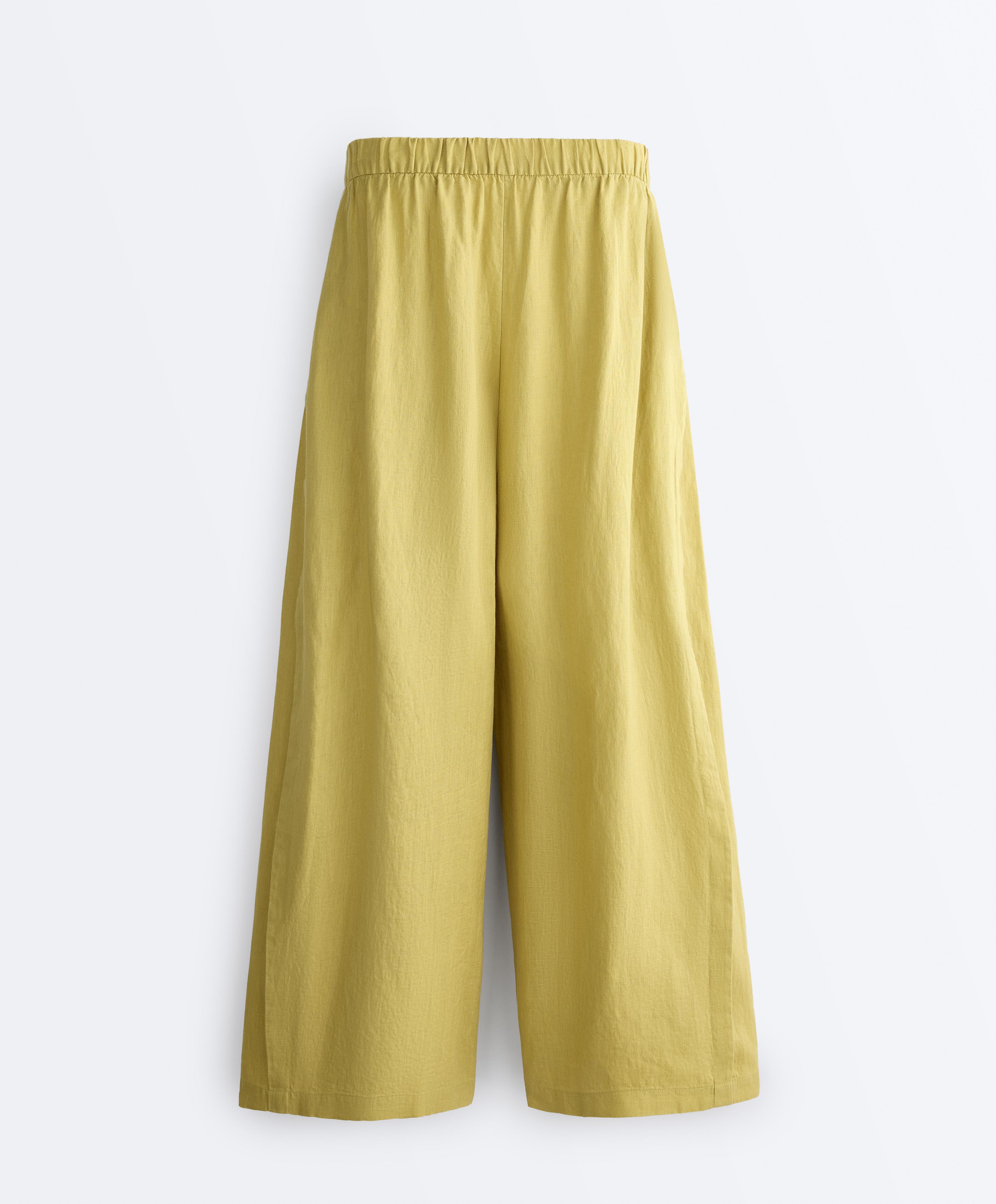 100% linen wide-leg trousers with side pleat — LIME GREEN