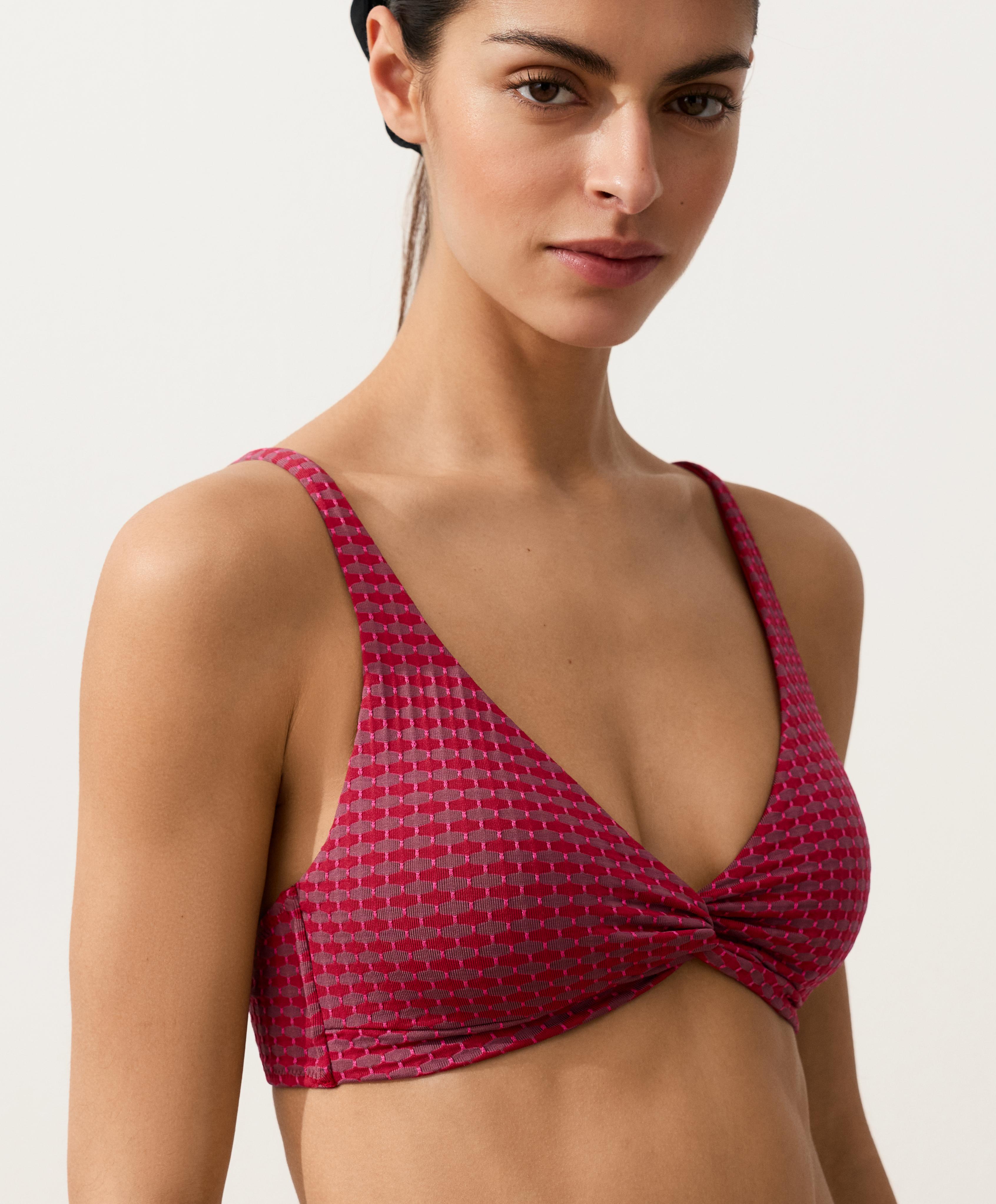 Geometric jacquard halter bikini top — FUCHSIA