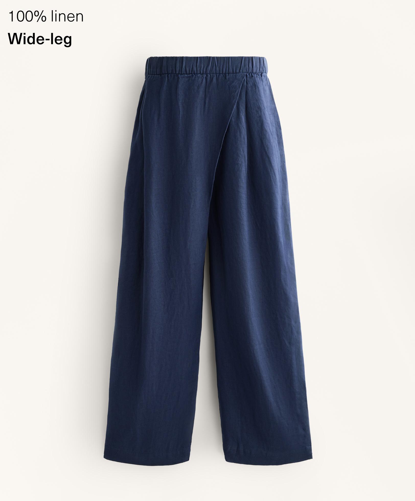 กางเกงขาบานทรงตรงด้านหน้าไขว้ผ้าลินิน 100%