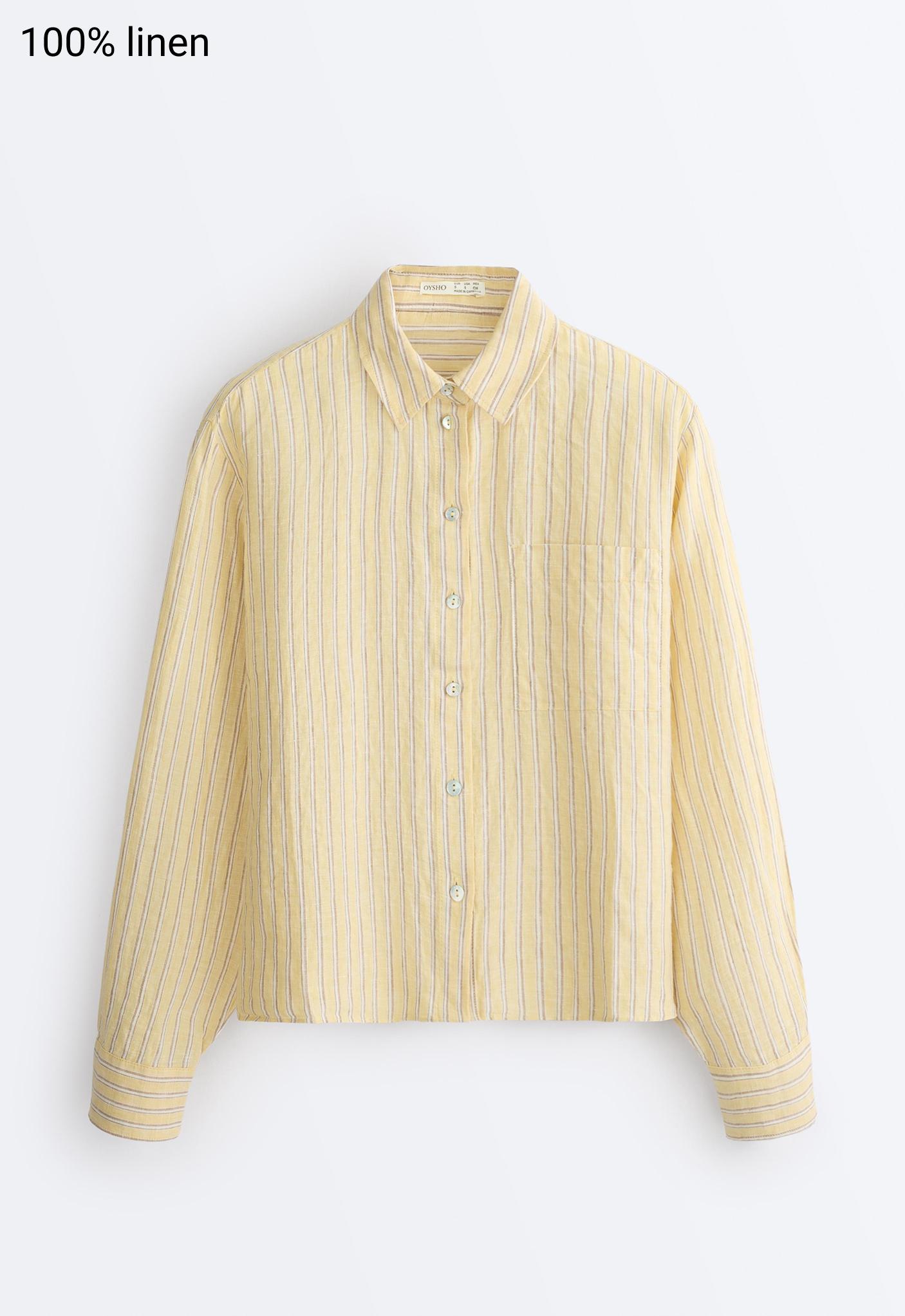 Striped 100% linen cropped shirt — SOFT YELLOW