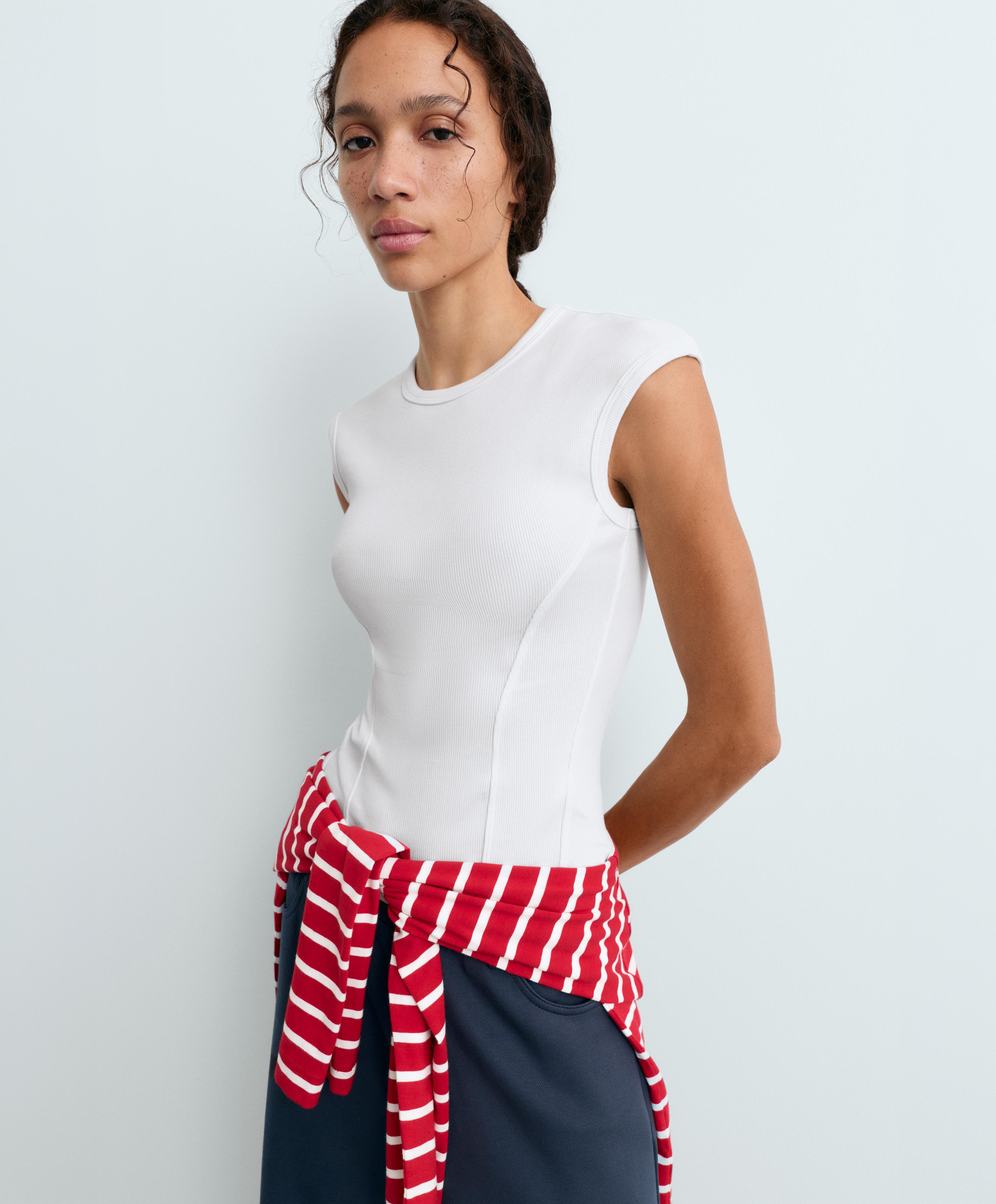 Short-sleeved rib top with cotton and modal — WHITE 