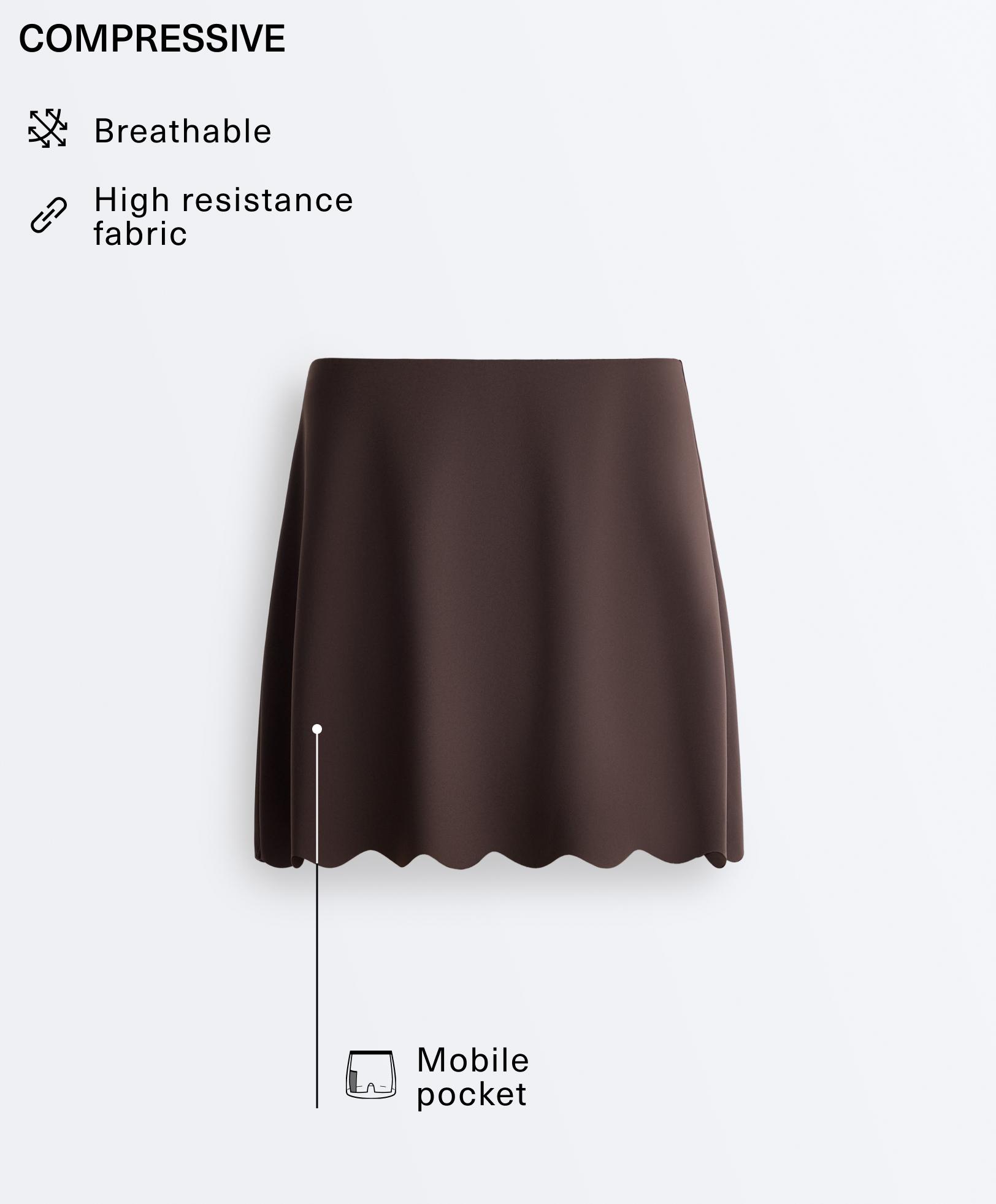 Compressive high-rise wavy short skirt — DARK REDDISH‑BROWN