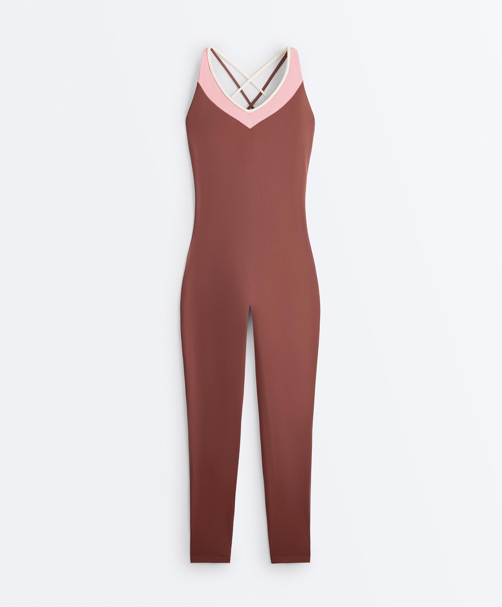 Comfortlux block long jumpsuit — MAHOGANY
