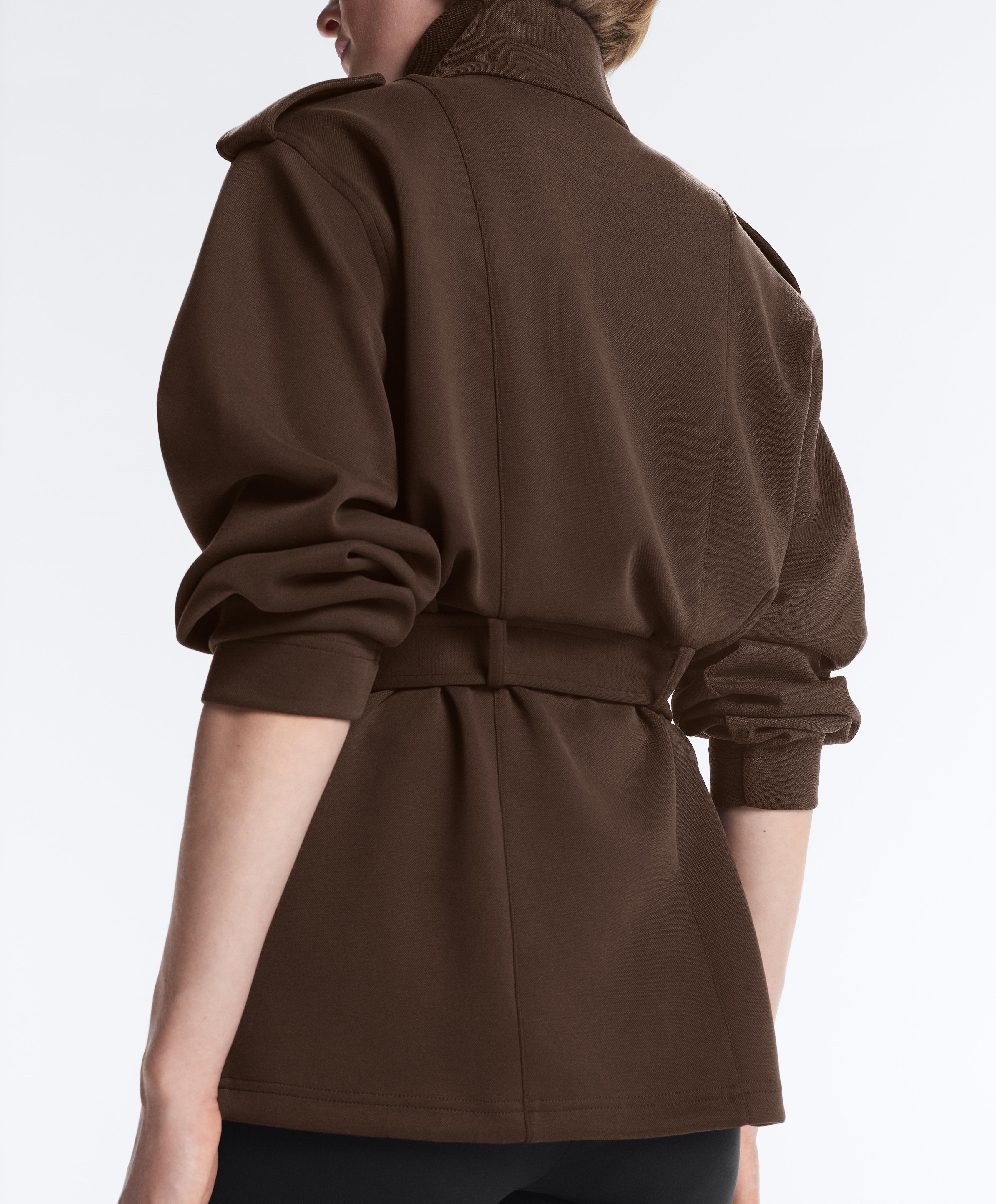 Long utility pique jacket with belt — DARK BROWN