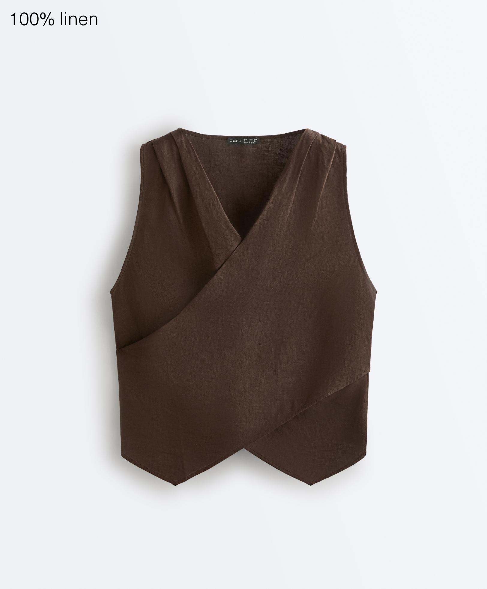 100% linen crossover top — DARK BROWN