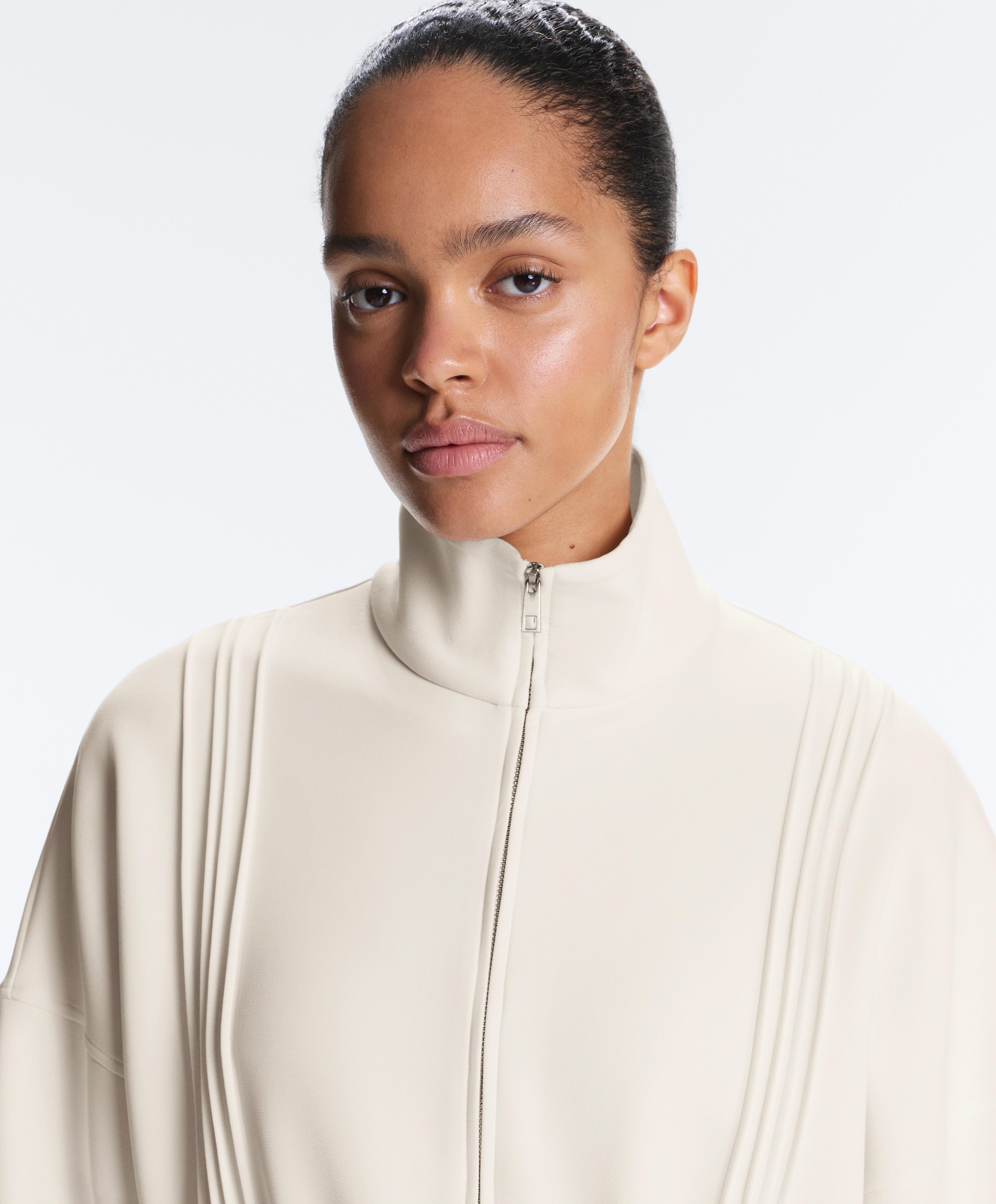 Long jacket with ribbed high neck and soft-touch modal — PALE ECRU
