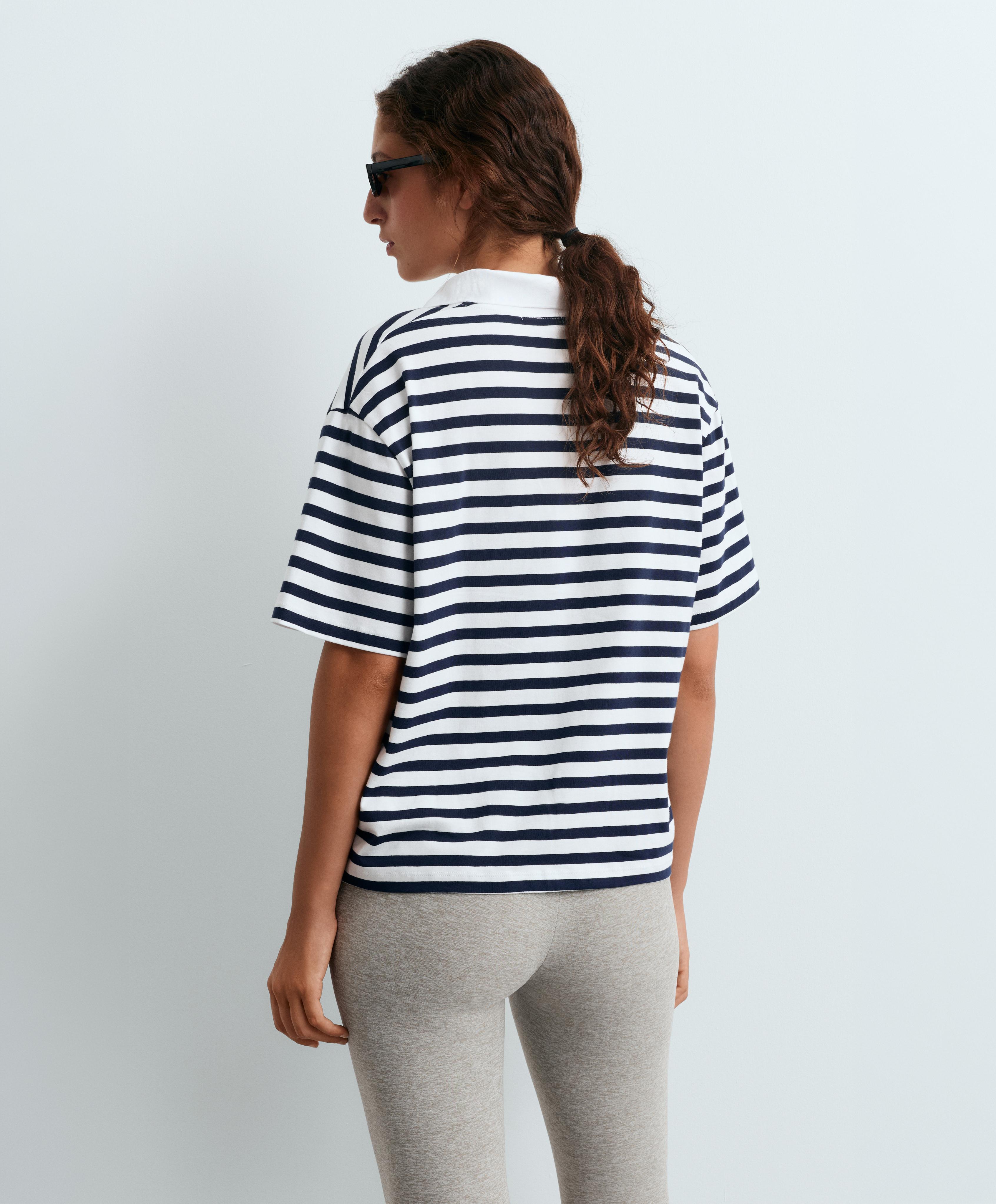 Boxy short-sleeved polo neck cotton blend T-shirt — NAVY BLUE