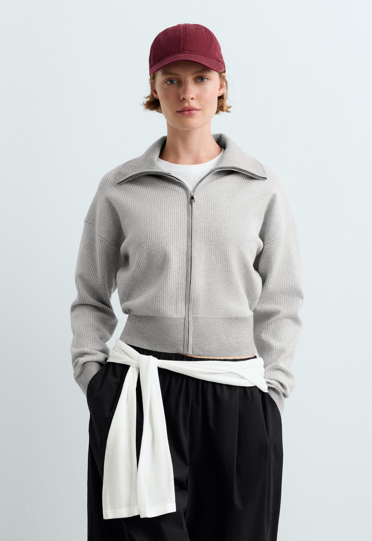 High neck contrast knit jacket — PALE GREY