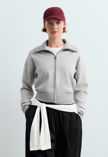 High neck contrast knit jacket — PALE GREY 2