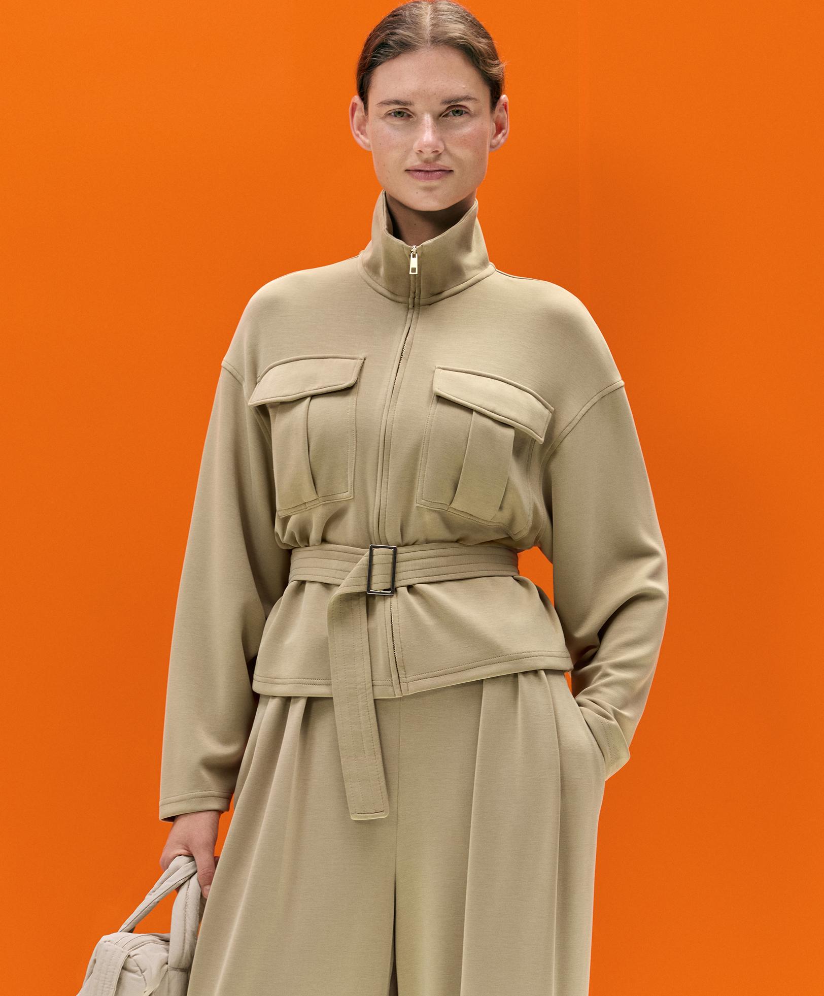 Soft-touch belted jacket with modal — GREEN BEIGE