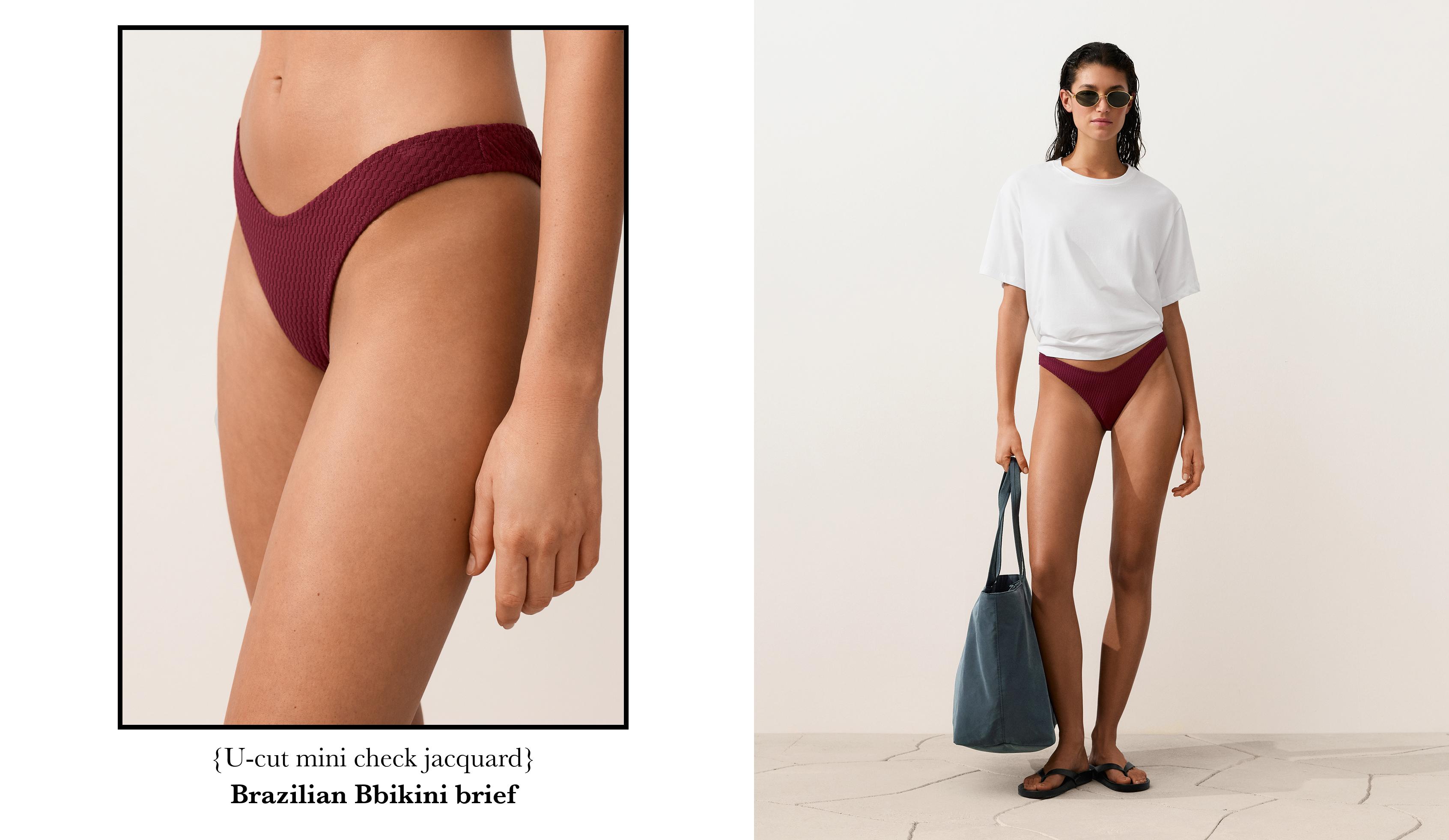 U-cut mini check jacquard Brazilian bikini briefs — CHERRY