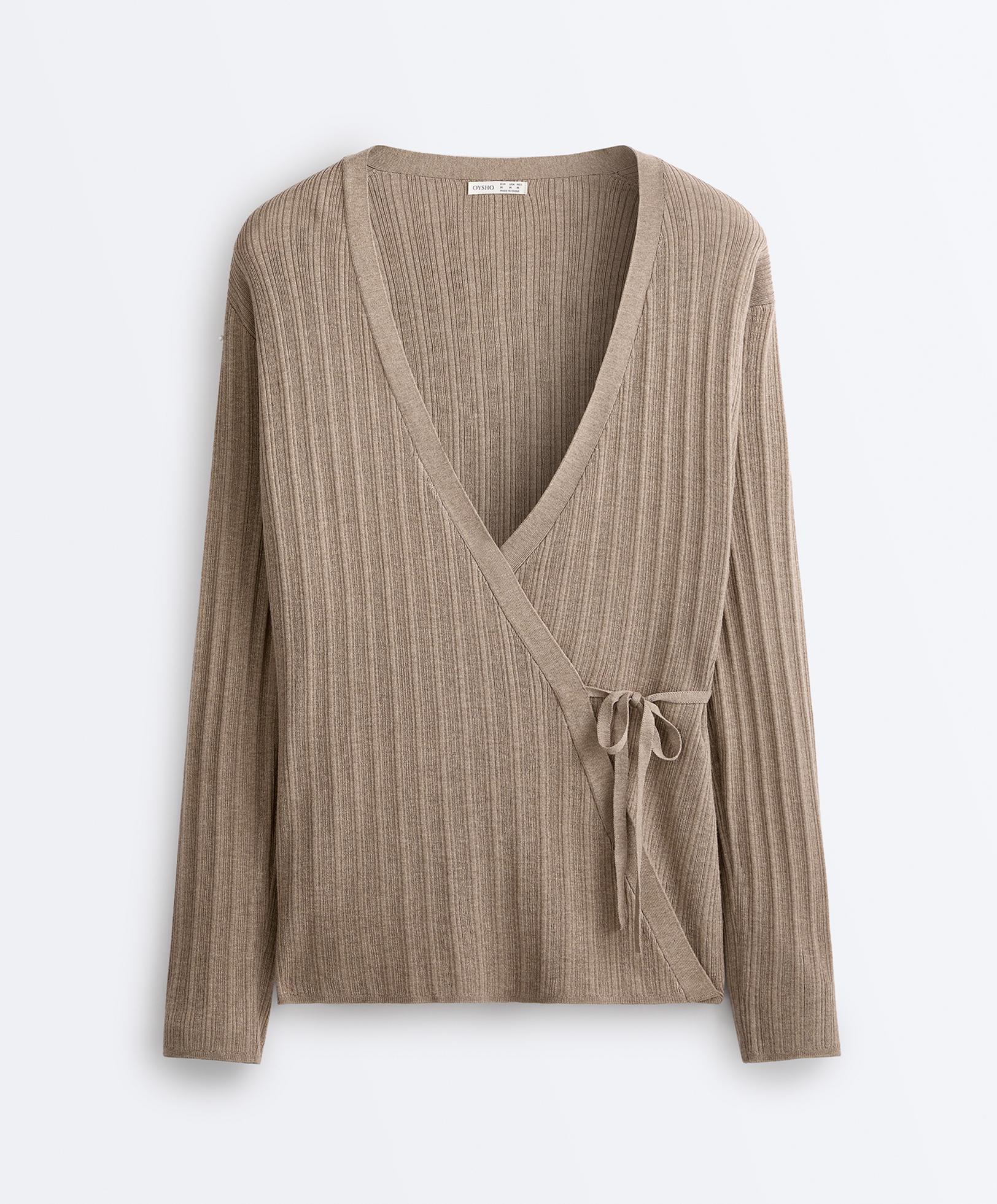 Long rib knit jacket with side tie fastening — DARK TAUPE
