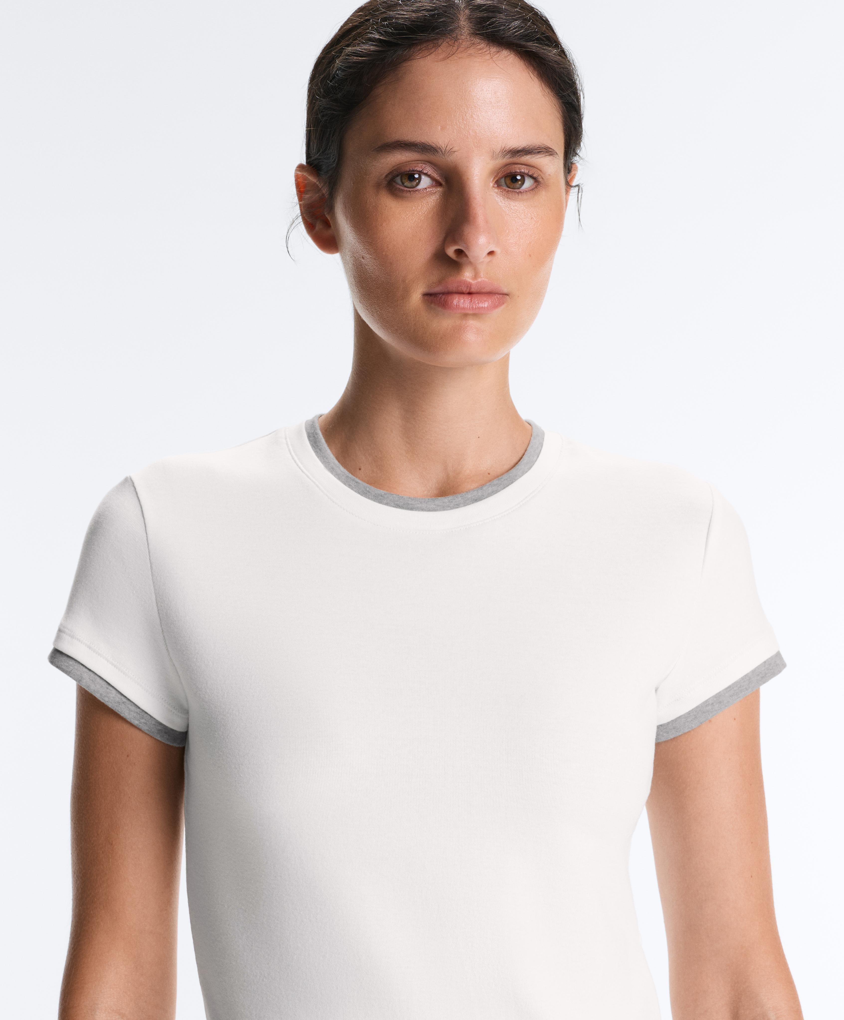 Camiseta manga curta mestura algodón efecto dobre rib