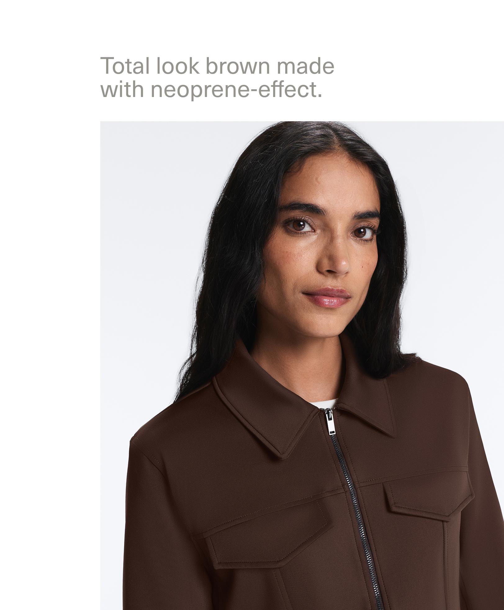 Neoprene-effect peplum jacket with ribbing — BROWN
