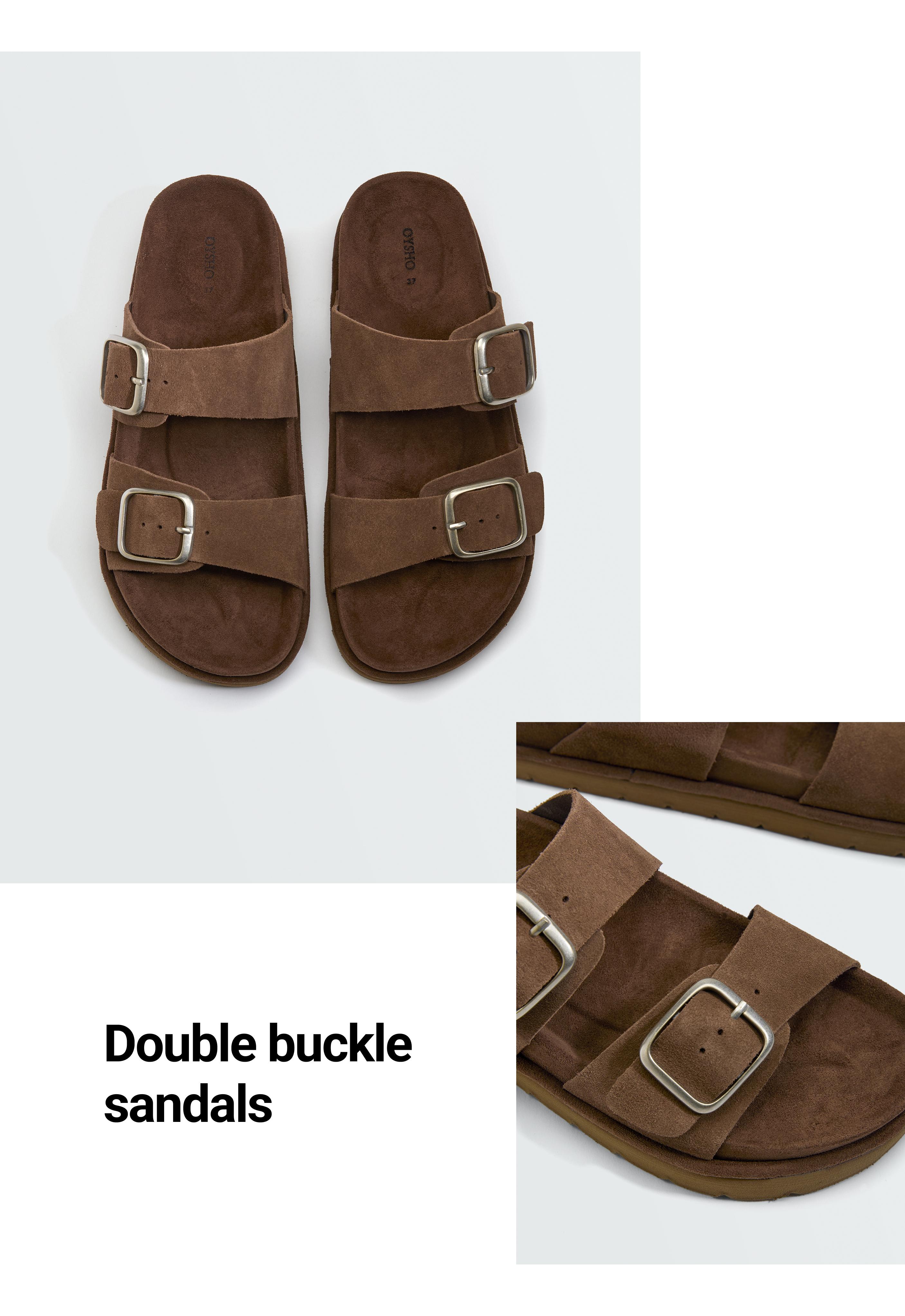 Buckle split-leather platform sandals — BROWN