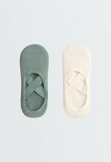 2 pairs of padded cotton blend yoga and Pilates socks with crossover straps — GREY-TURQUOISE 1