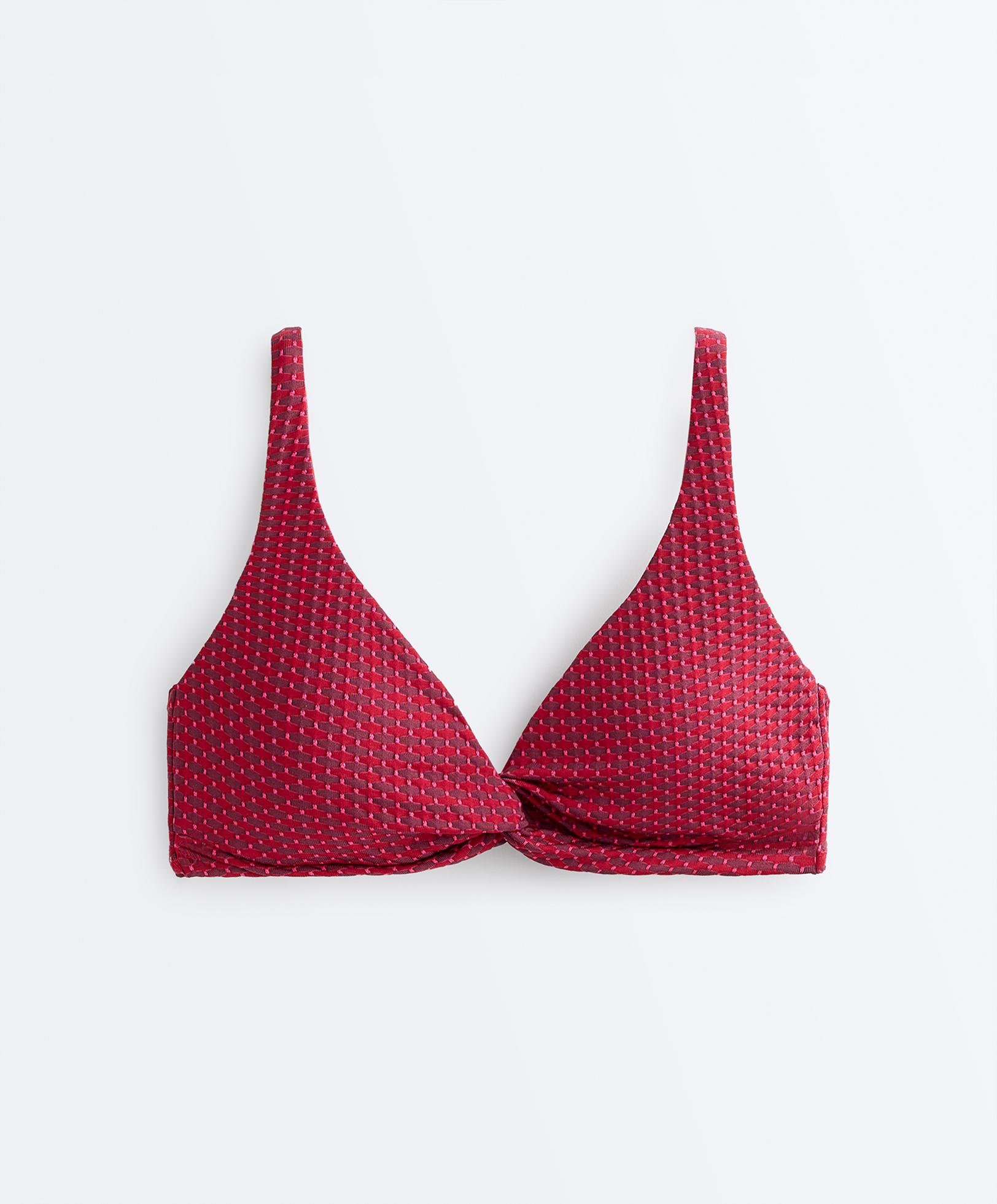 Geometric jacquard halter bikini top — FUCHSIA