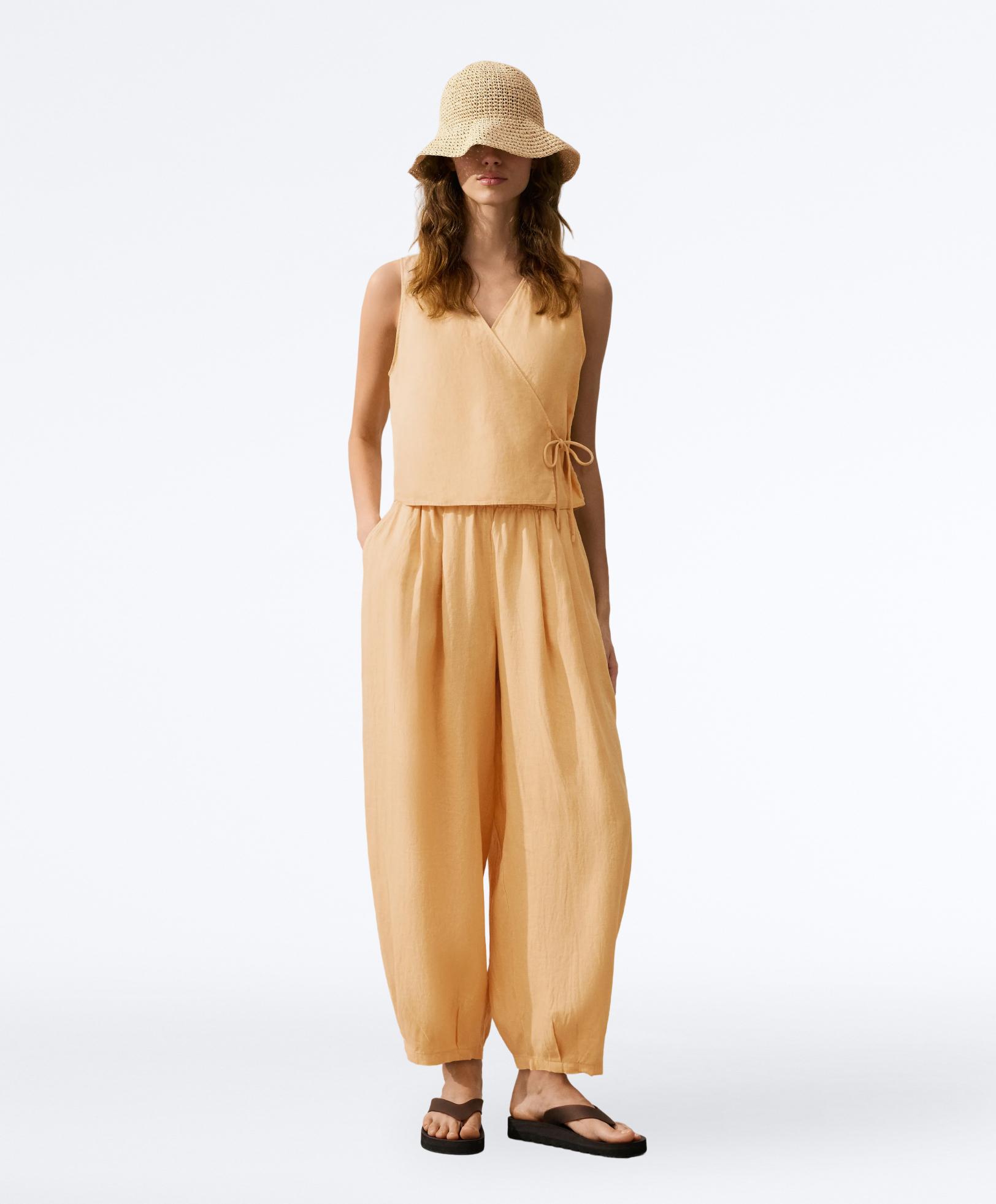 100% linen square neck crossover tie top — BURNT YELLOW