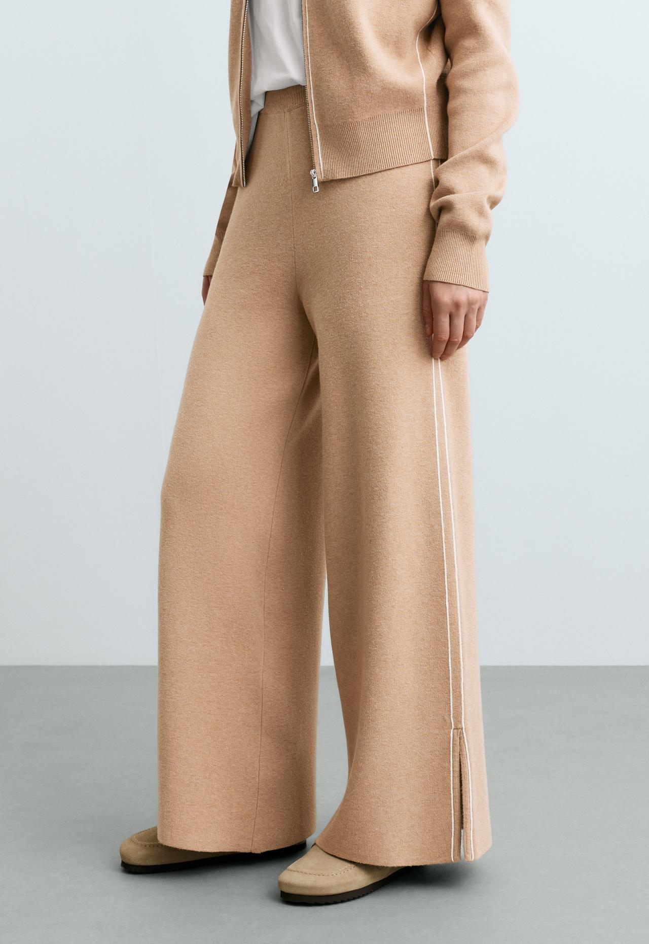 Wide-leg knit trousers with piping and split — CAMEL