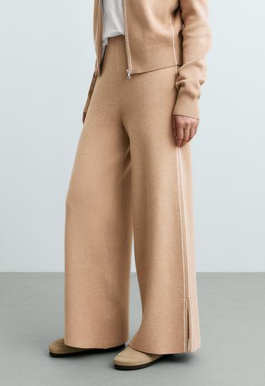 Wide-leg knit trousers with piping and split — CAMEL 2