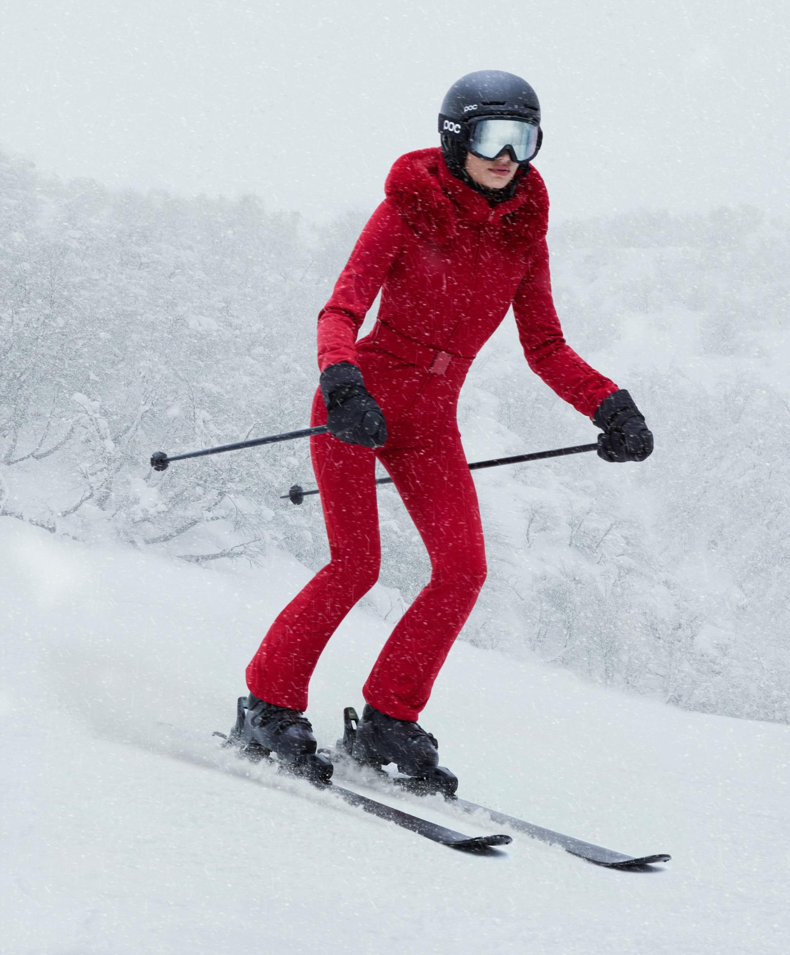 Water-resistant fitted stretch SKI jumpsuit — RED