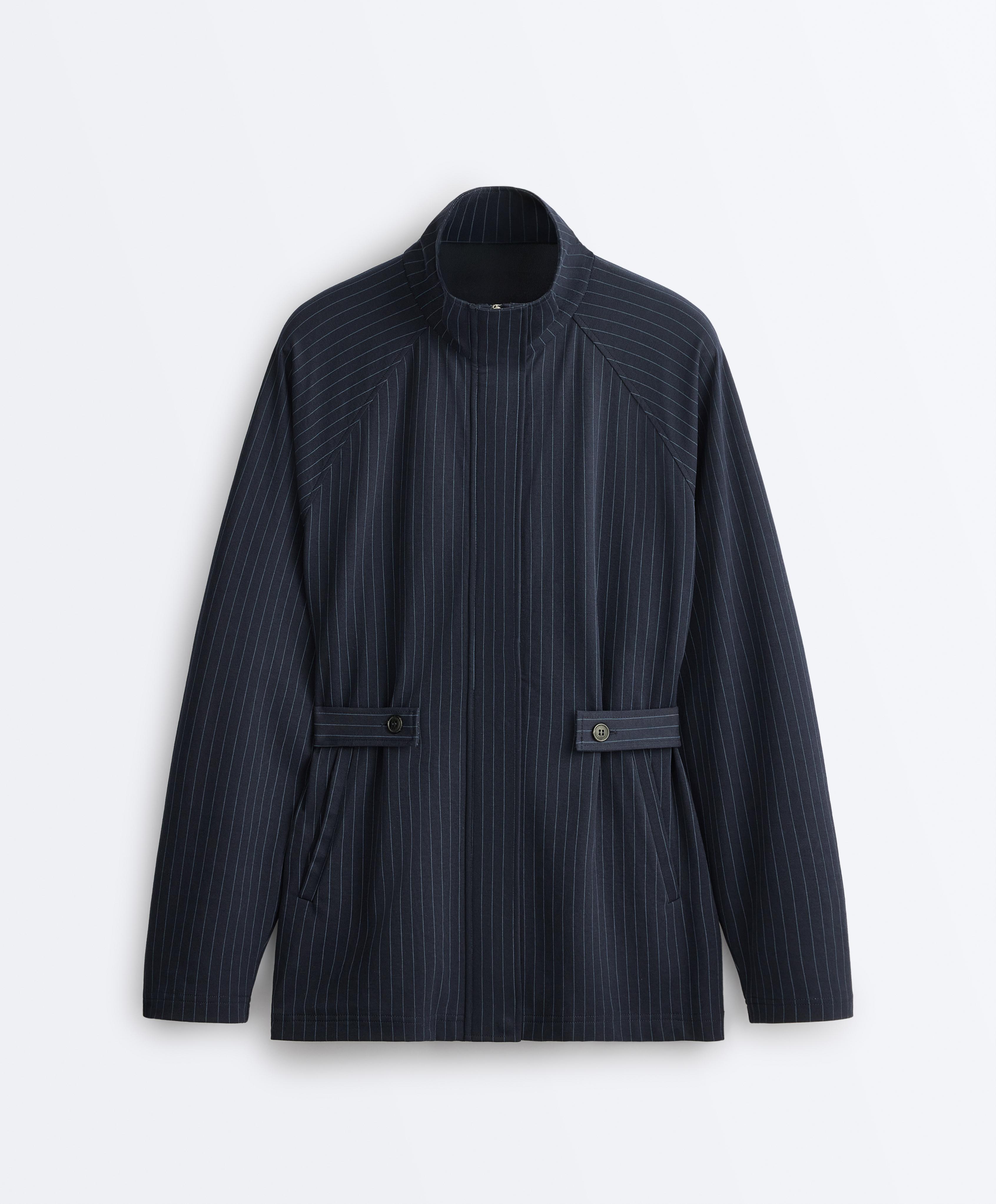 Long pinstripe cotton jacket — NAVY BLUE