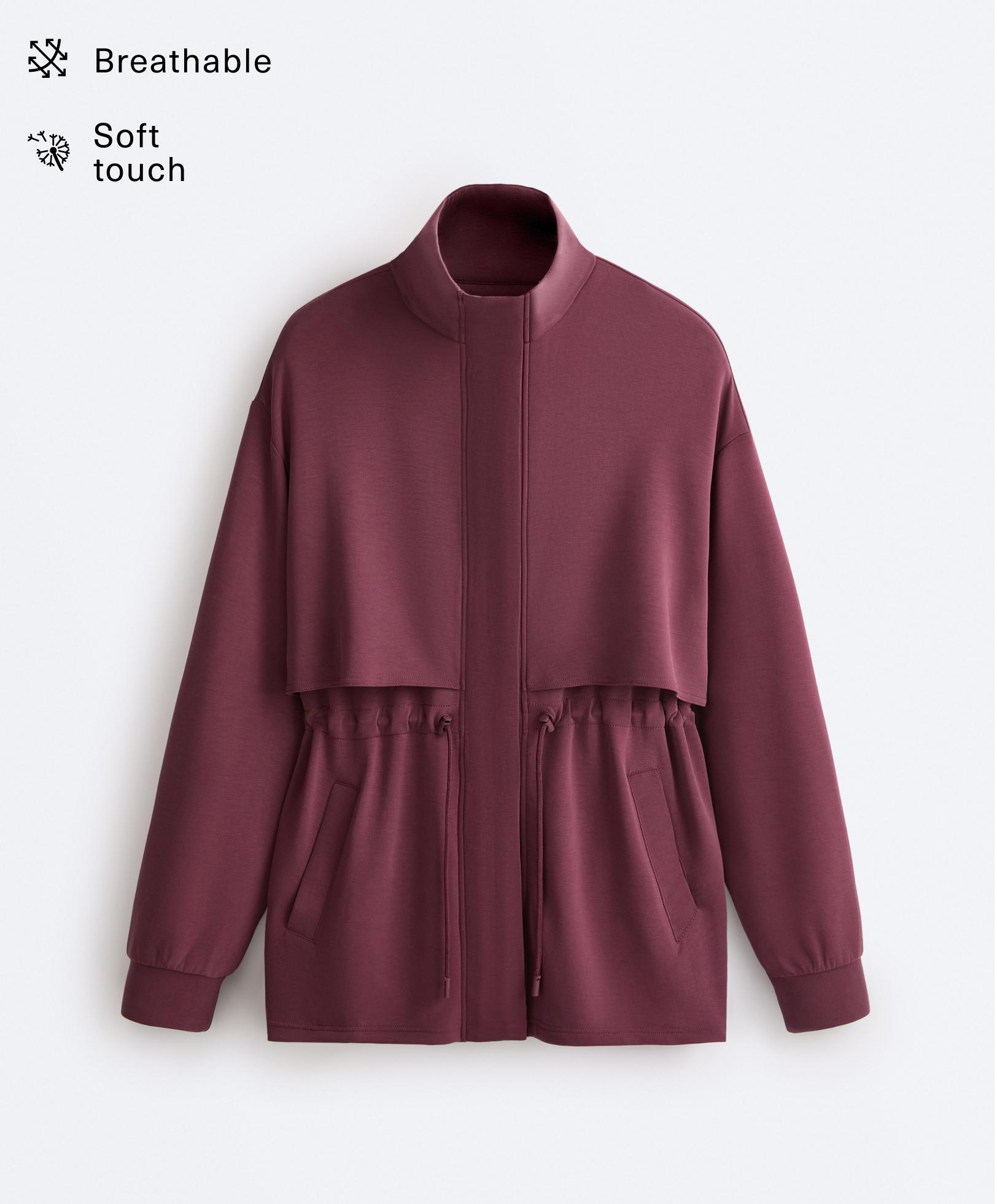 Long soft-touch jacket with modal and pockets — CHERRY