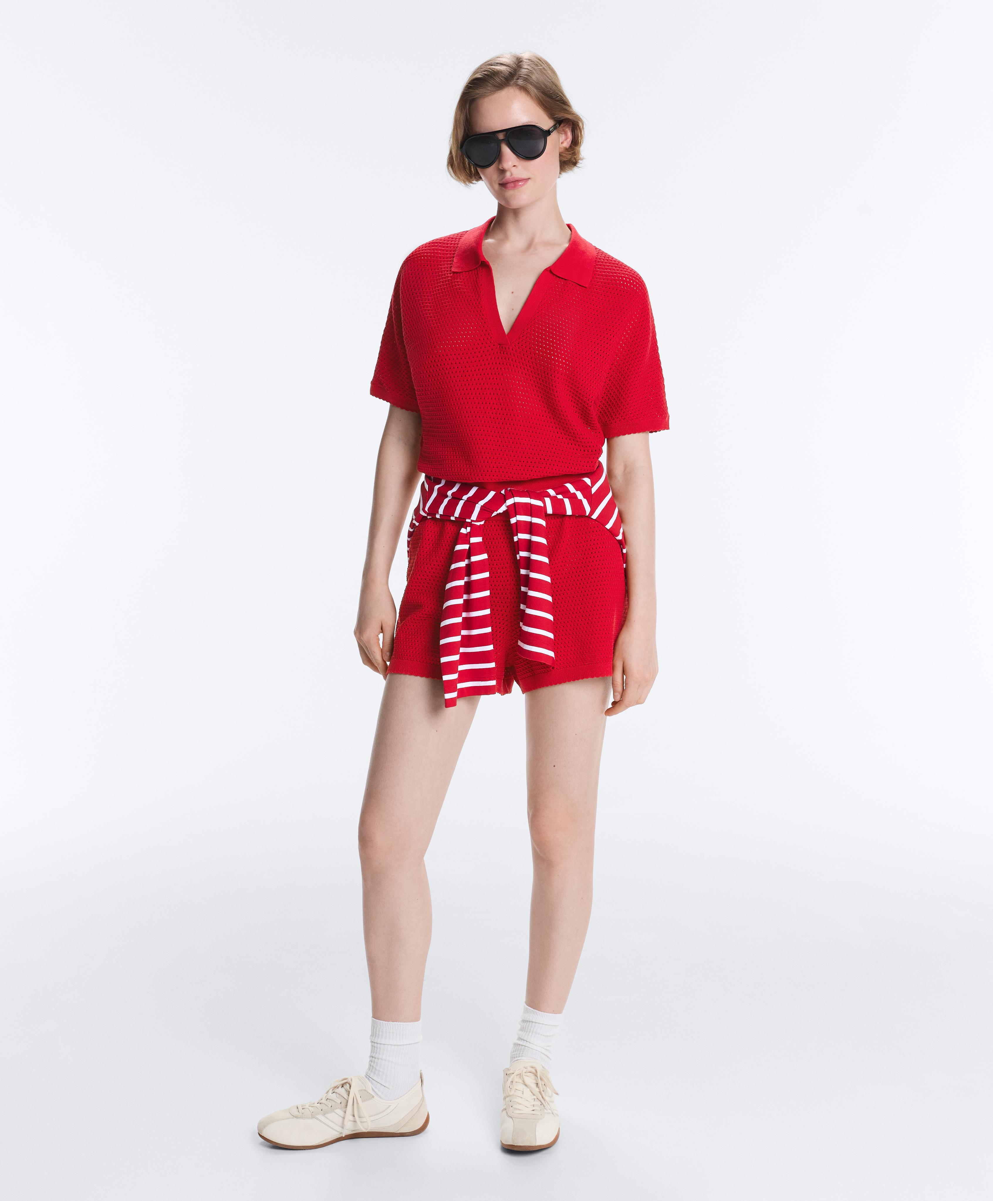 Cotton openwork knit shorts — BRIGHT RED
