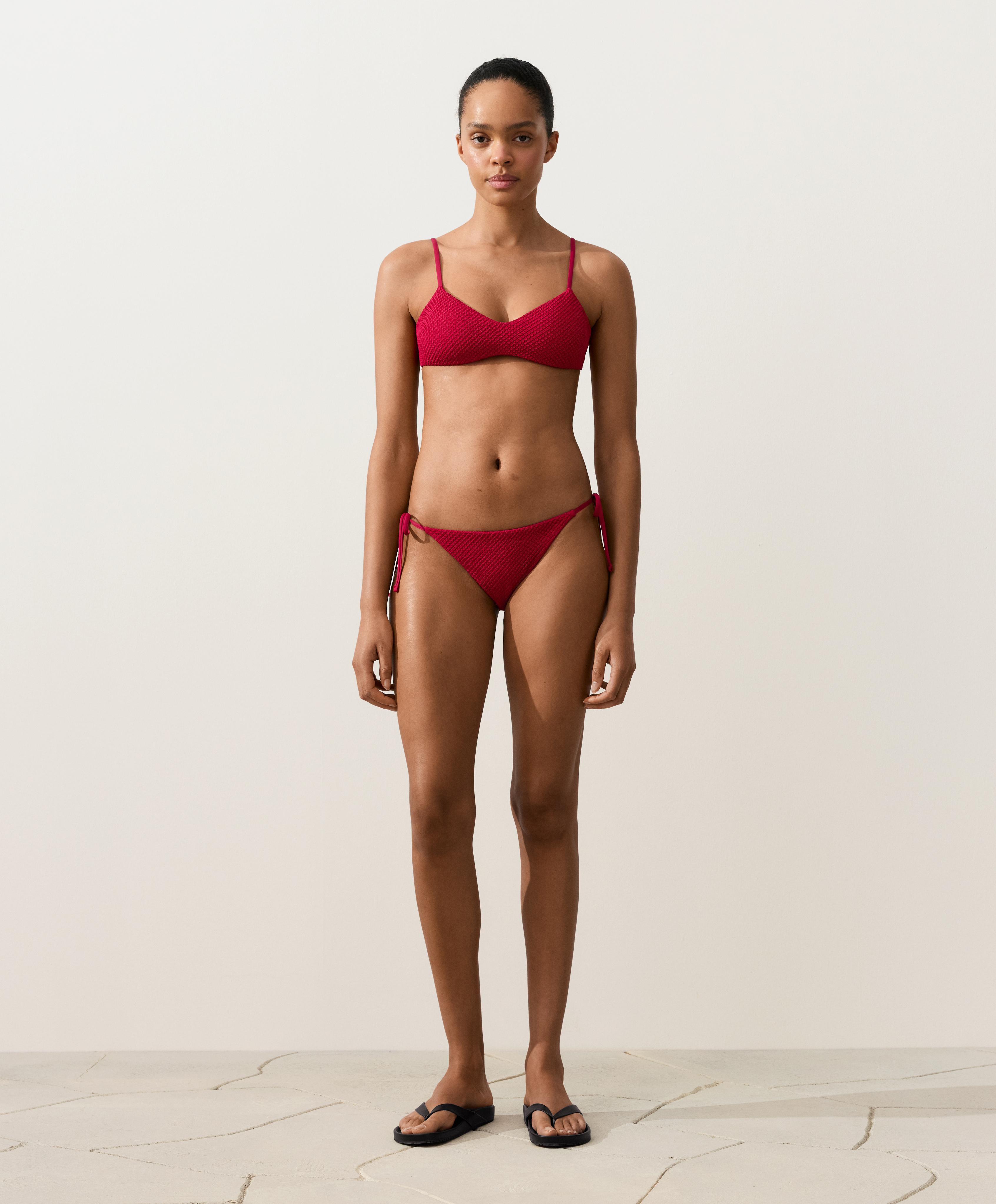 Medium-coverage waffle bikini briefs with ties — BRIGHT RED