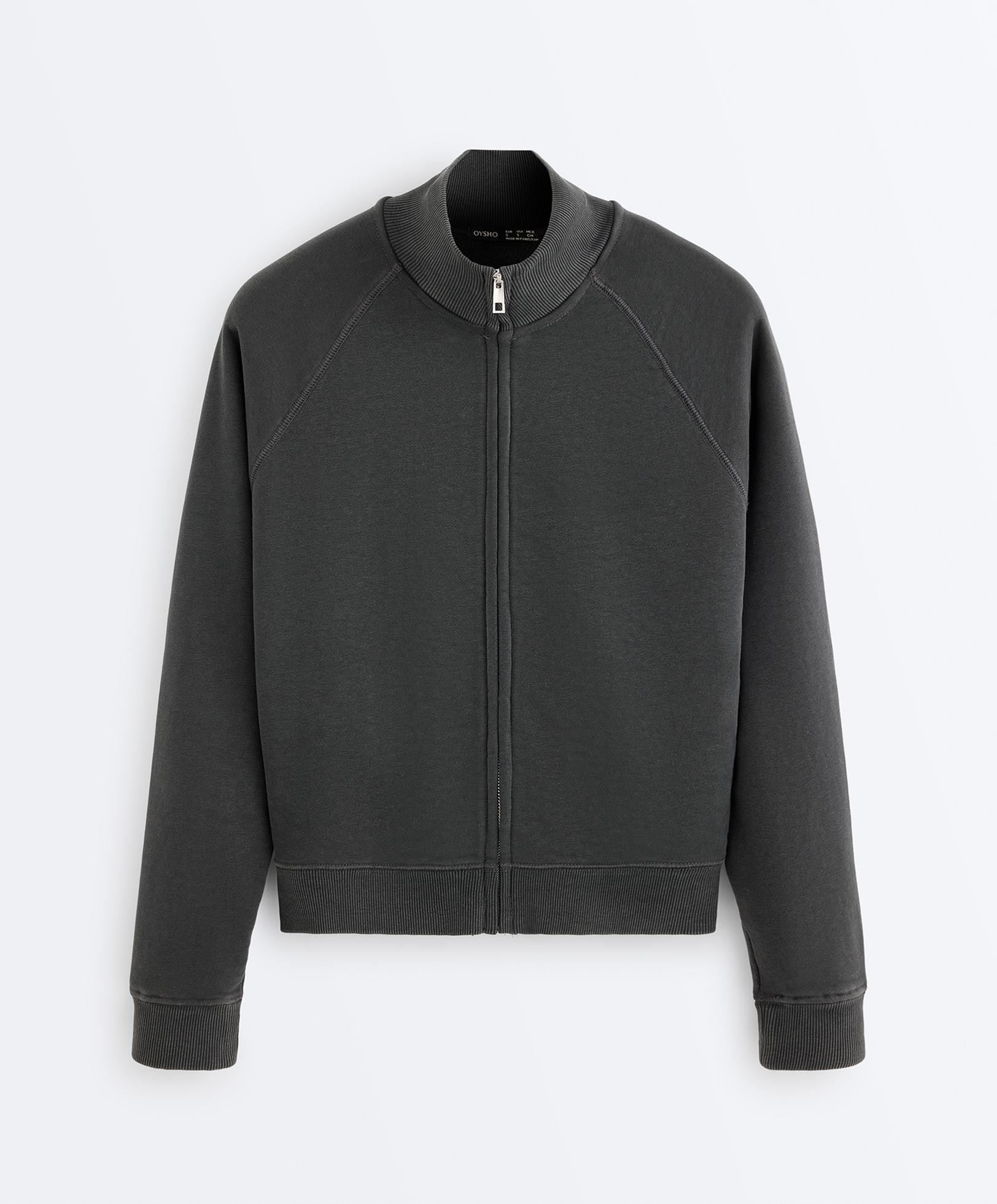 Cotton blend fleece high neck jacket — DARK ANTHRACITE