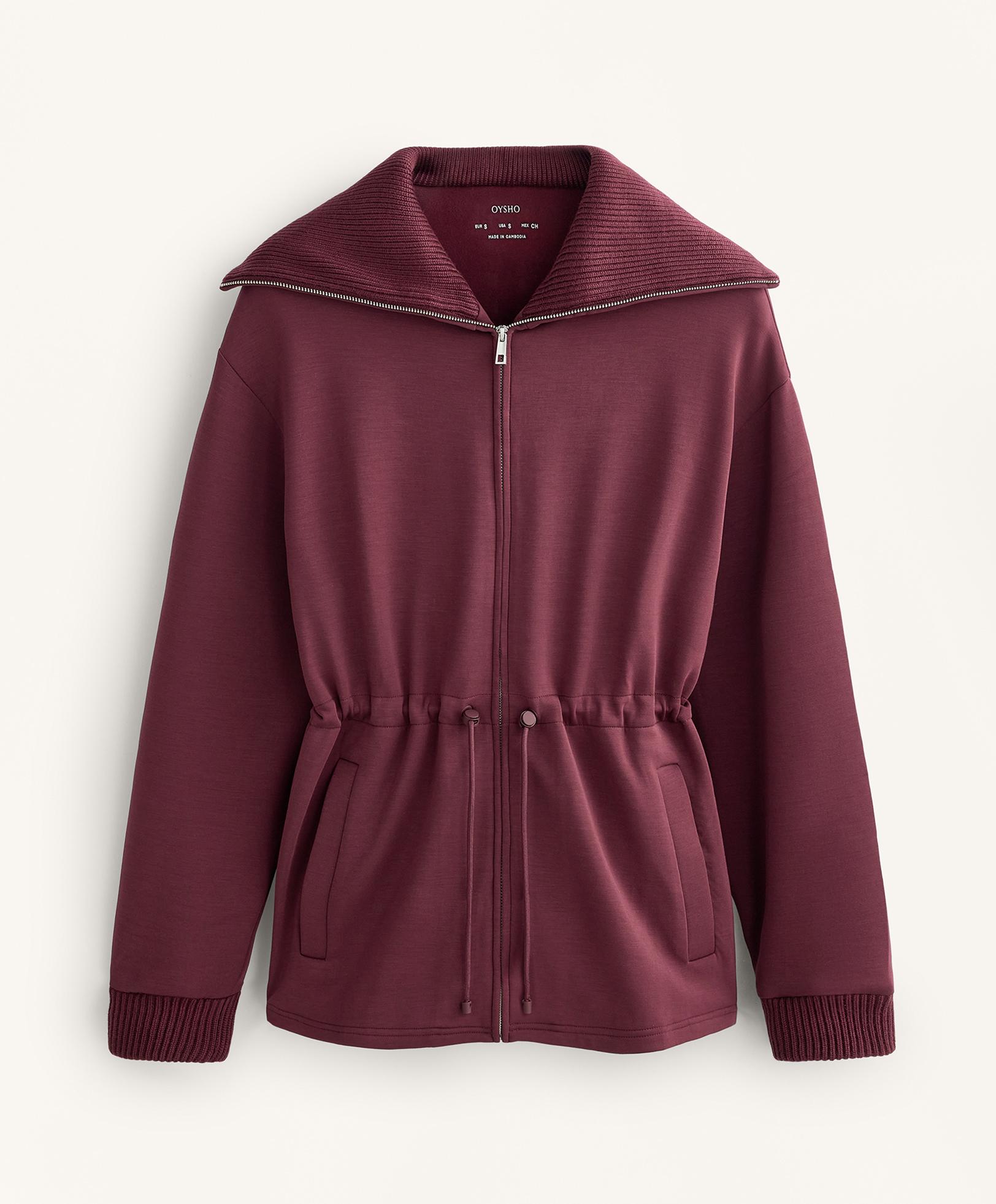 Adjustable waist knit collar jacket with brushed modal — MAROON