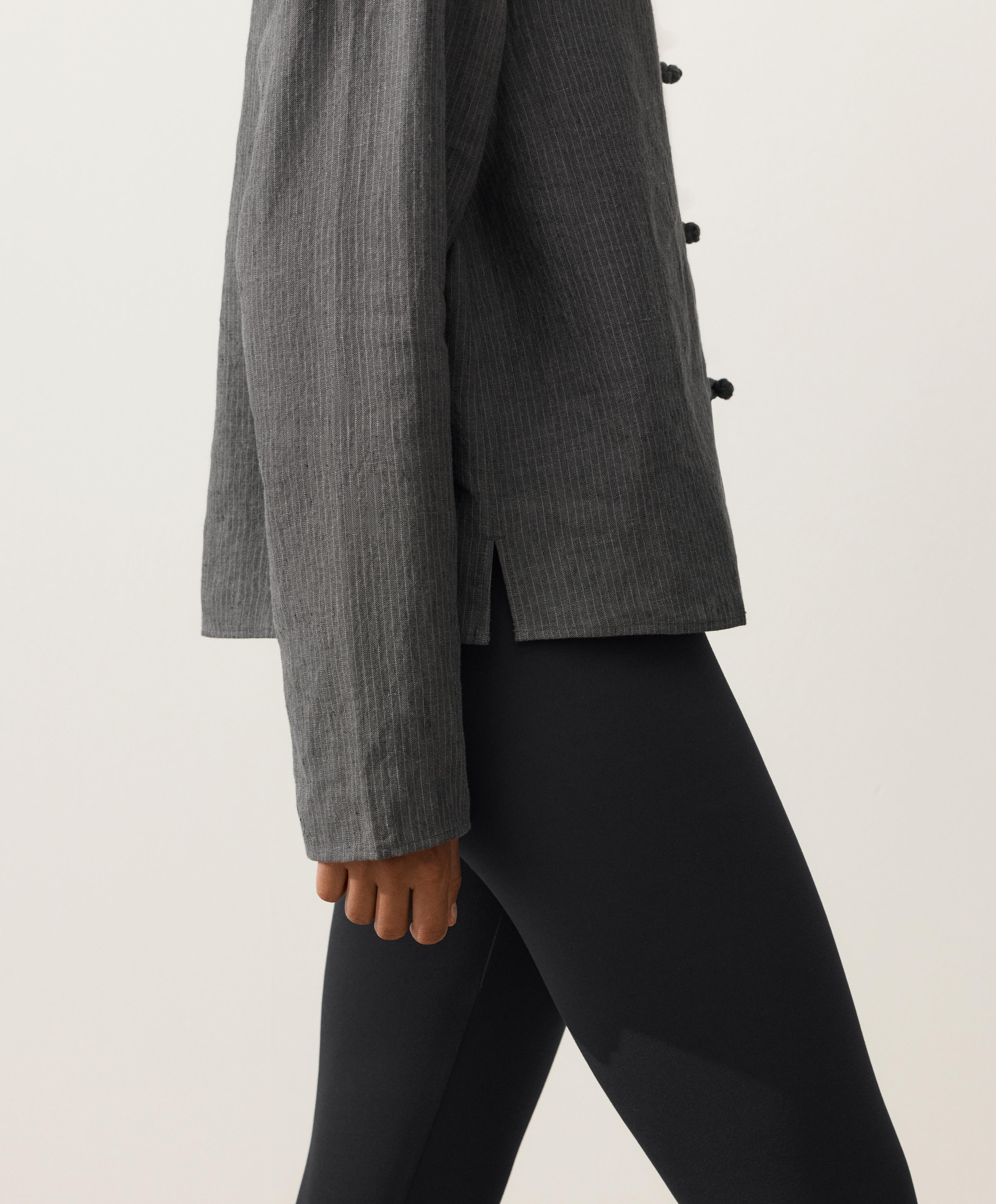 Striped 100% linen stand-up collar shirt — DARK ANTHRACITE