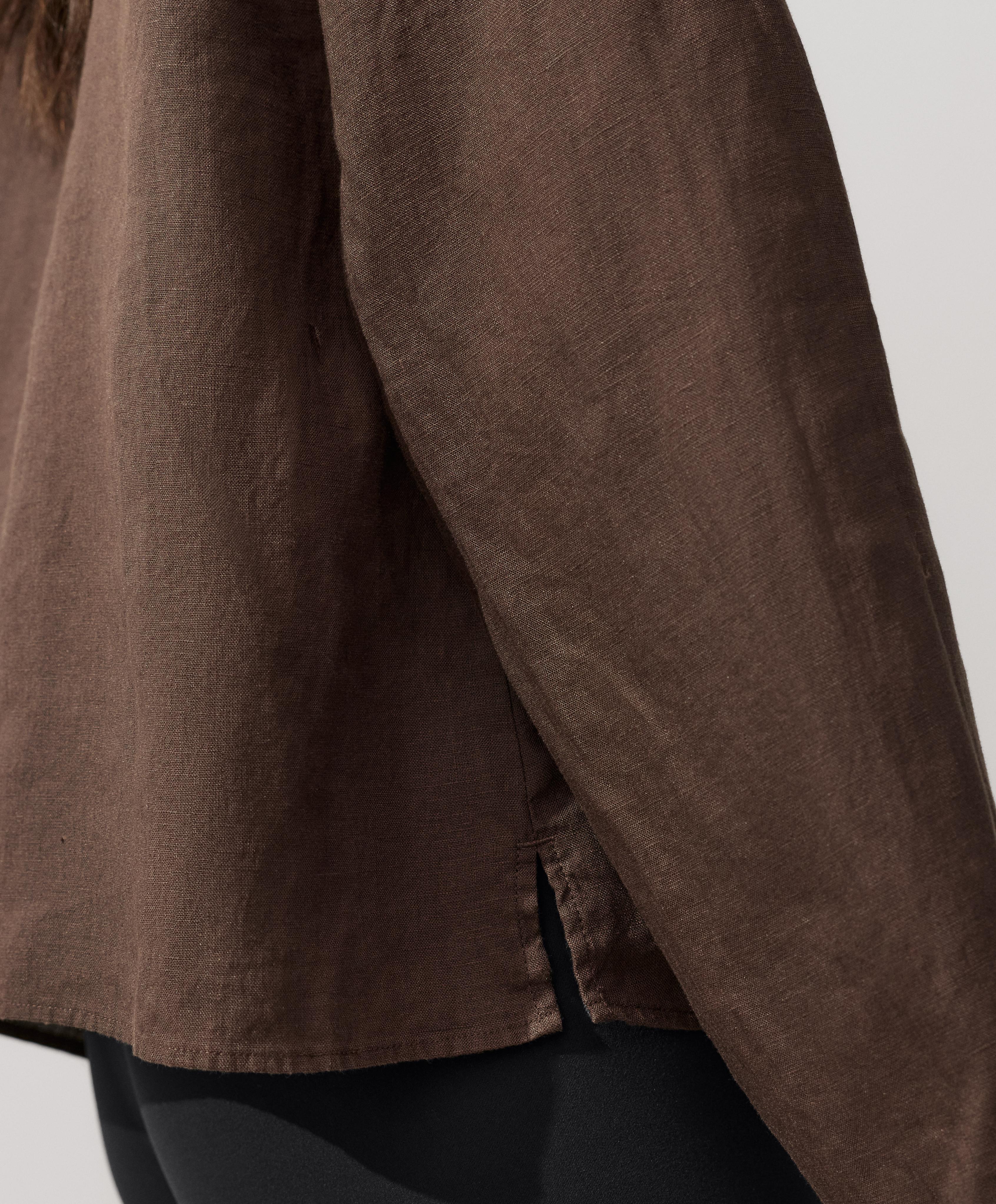 100% linen stand-up collar shirt — DARK BROWN