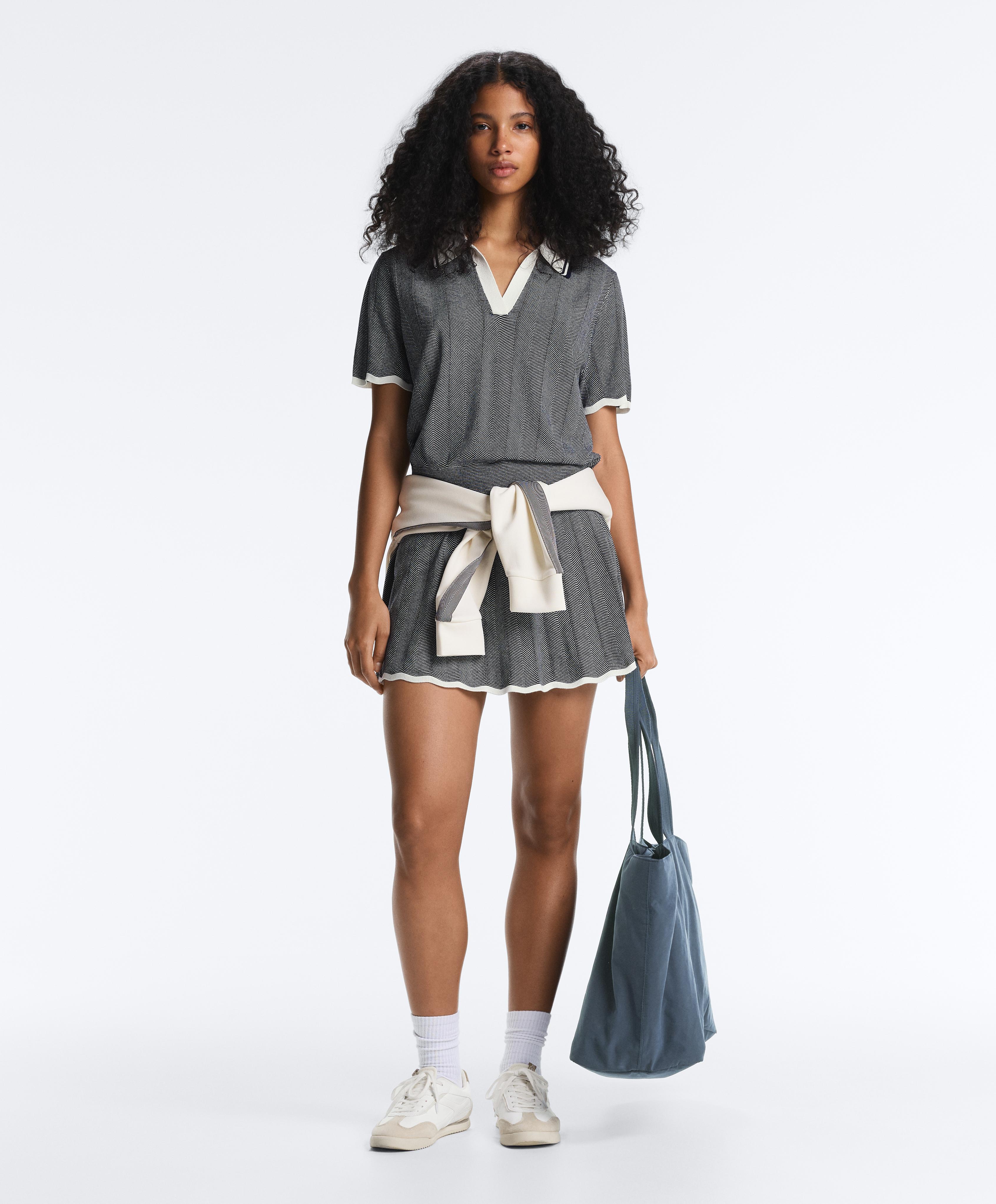 Herringbone short sleeve knit polo shirt — NAVY BLUE