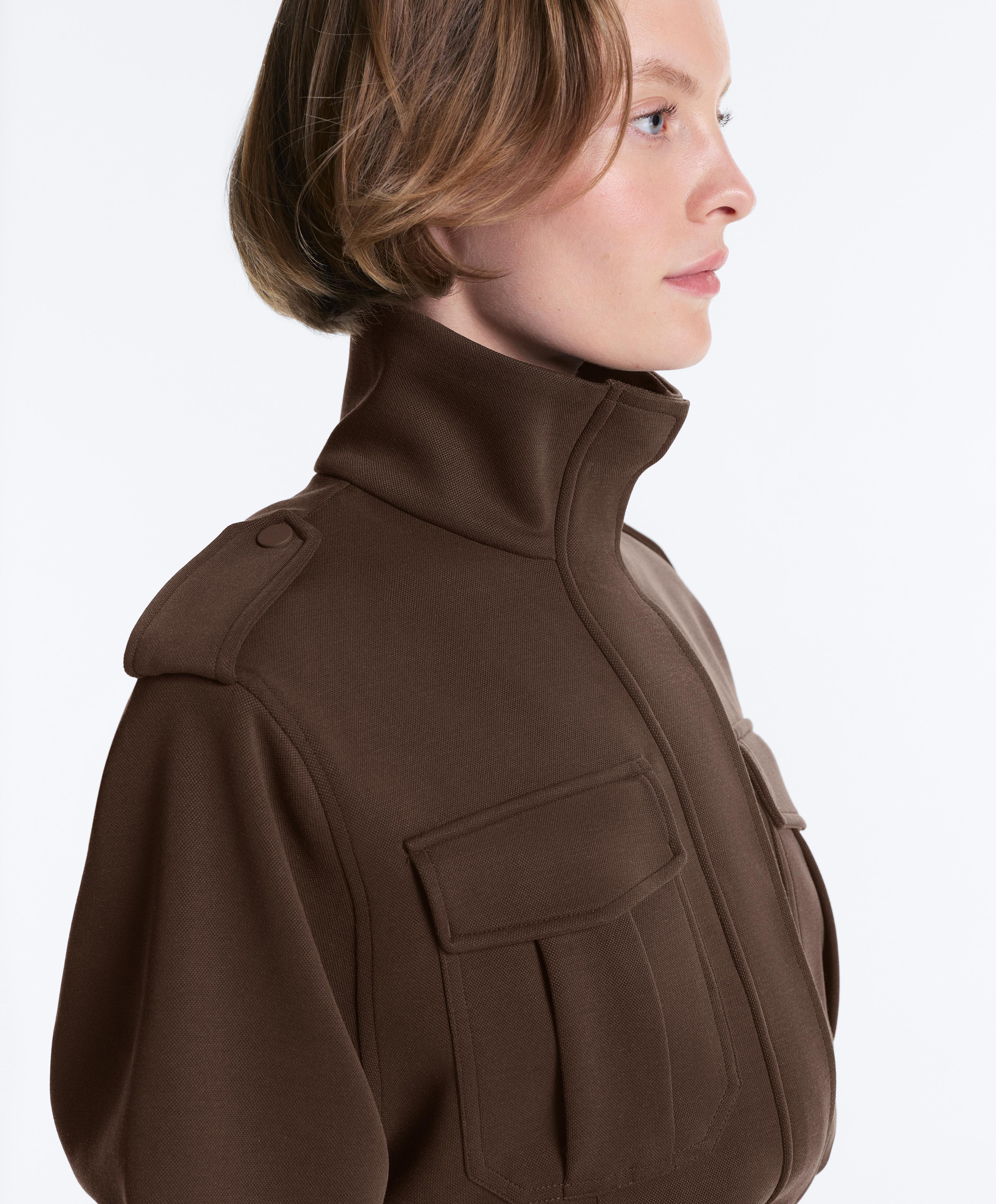 Long utility pique jacket with belt — DARK BROWN