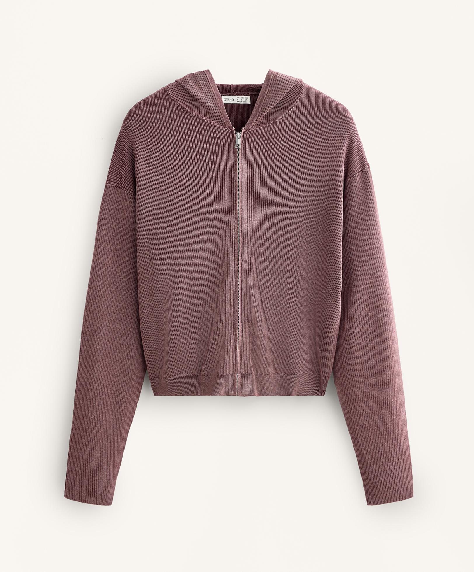 Hooded rib-knit jacket — PINK-MAUVE