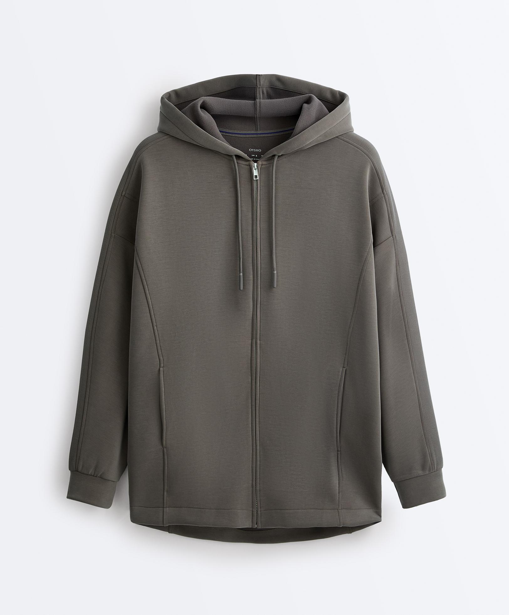 Long hooded jacket with rib details and brushed modal — CHARCOAL GREY