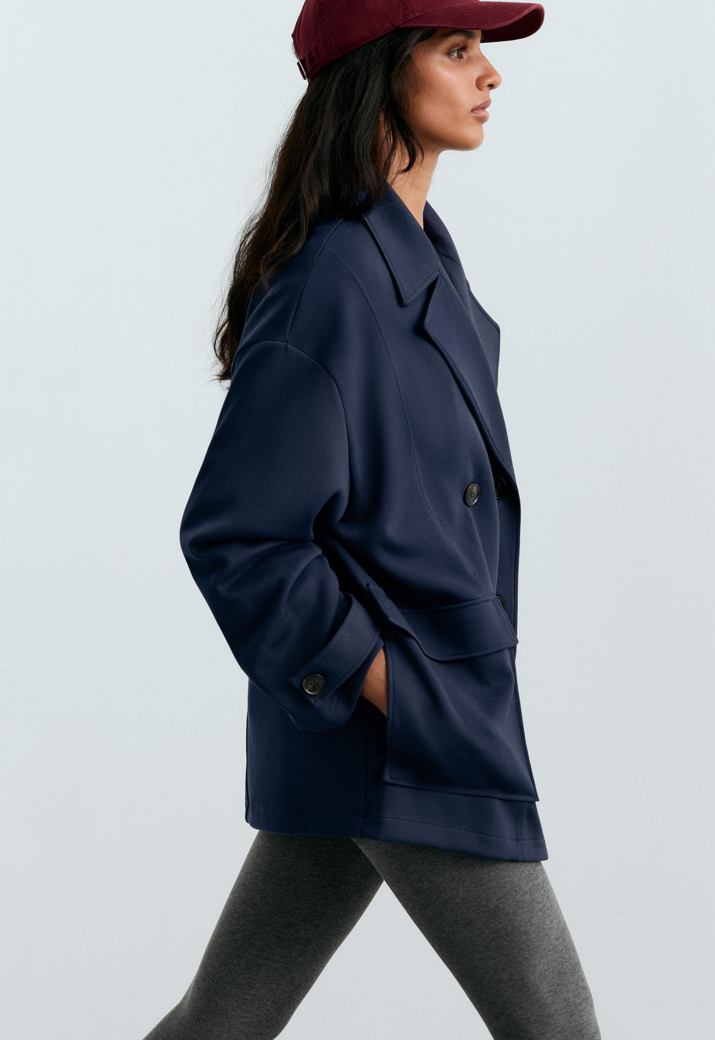 6-button long piqué cotton jacket — NAVY BLUE
