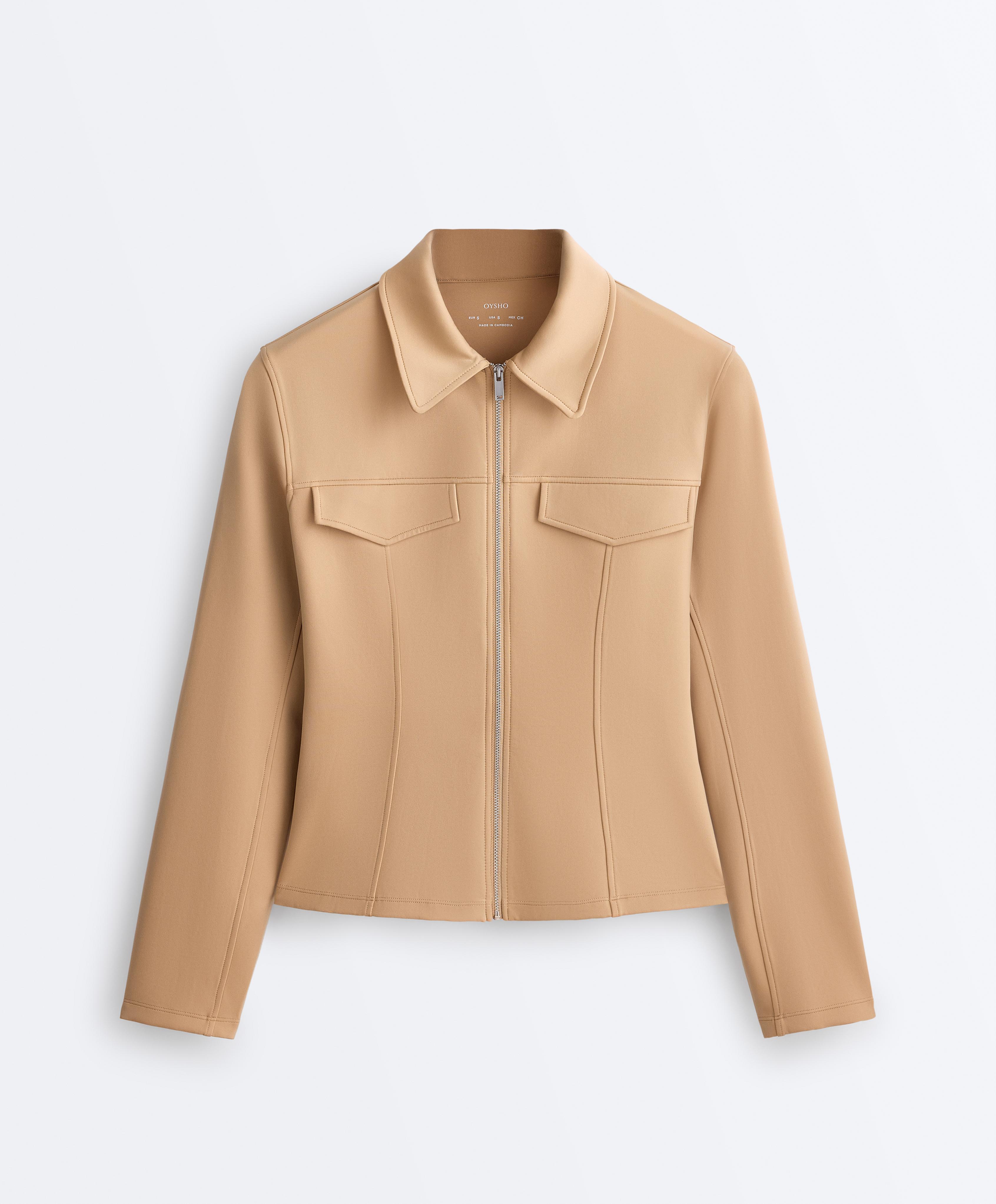 Neoprene-effect peplum jacket with ribbing — PALE CAMEL