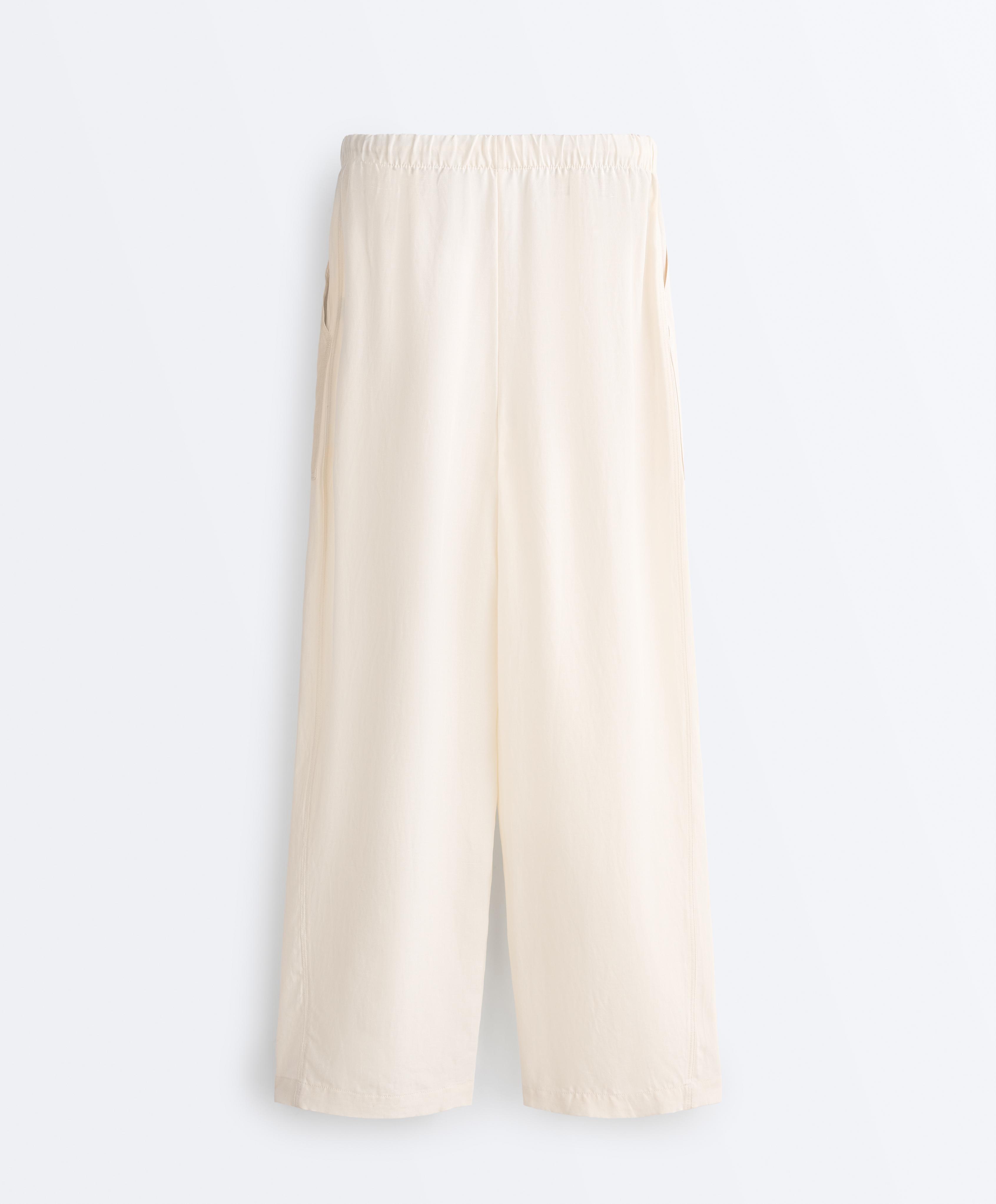 Lyocell blend and 24% linen straight trousers — PALE ECRU