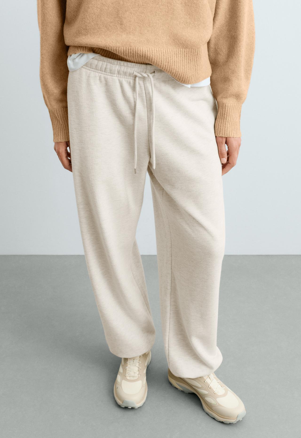 Adjustable cotton-blend fleece straight trousers — OATMEAL
