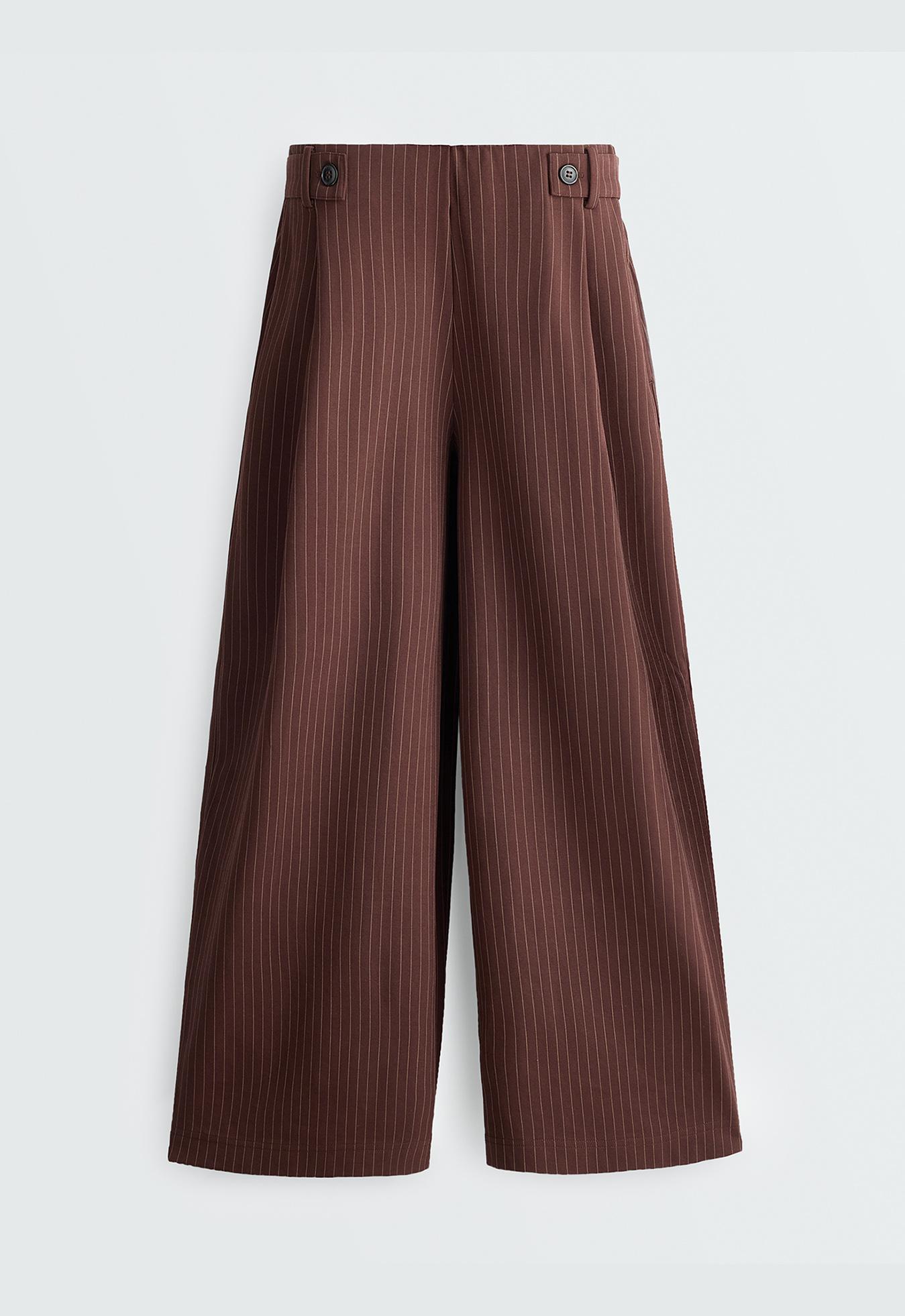 Wide-leg pinstripe piqué cotton crop trousers — CHOCOLATE