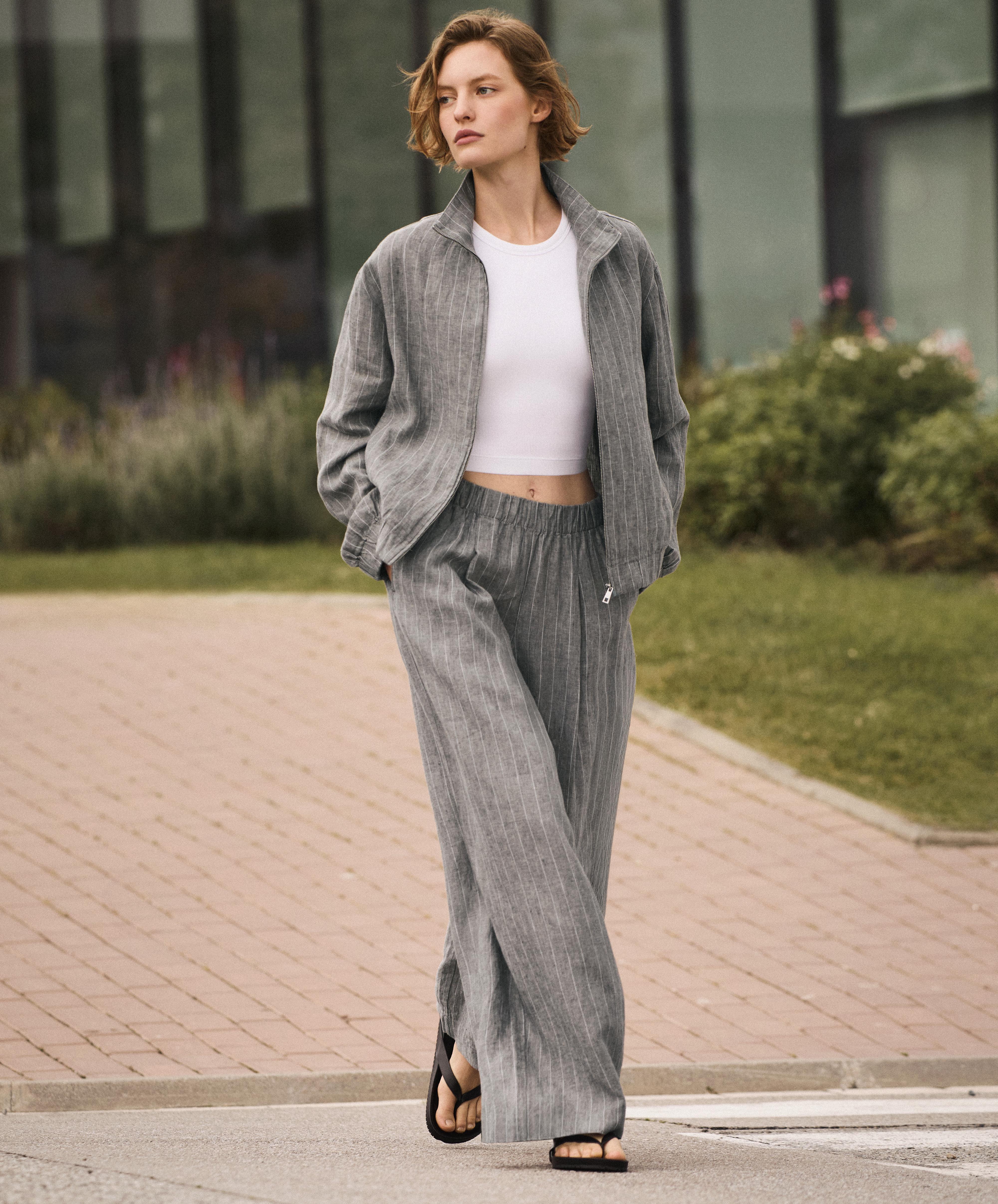 100% linen wide-leg striped trousers — MID GREY